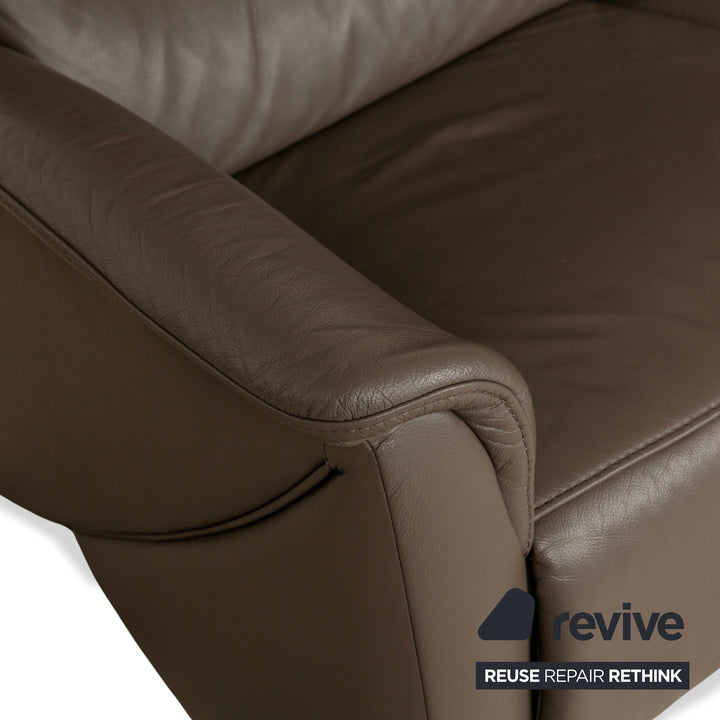 Himolla Trapez Leather Three-Seater Sofa Couch Brown Taupe Grey Manual Function