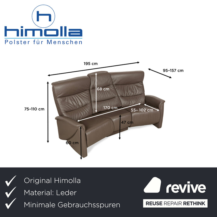 Himolla Trapez Leather Three-Seater Sofa Couch Brown Taupe Grey Manual Function