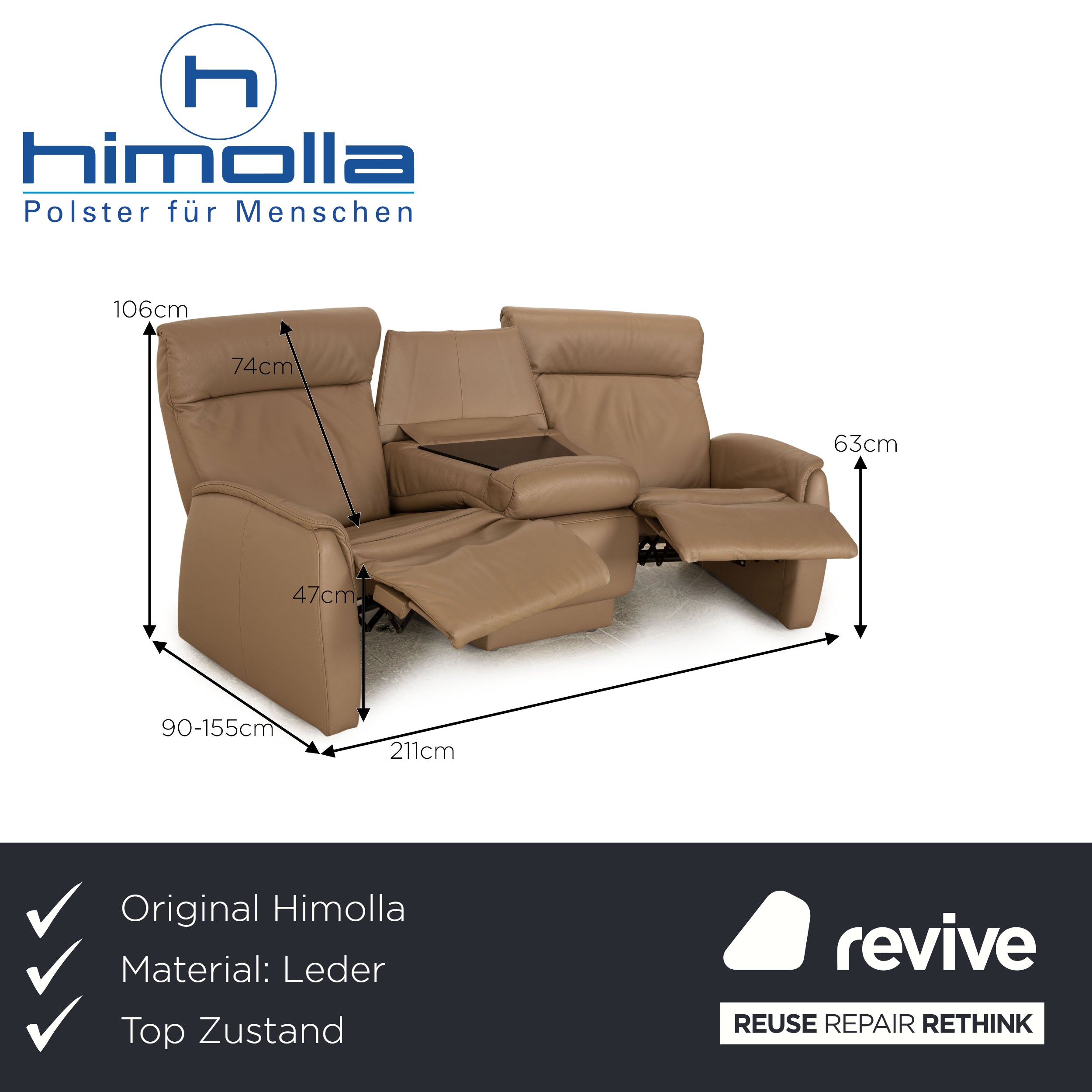 Himolla Trapeze Leather Three Seater Taupe Brown Manual Function Sofa Couch