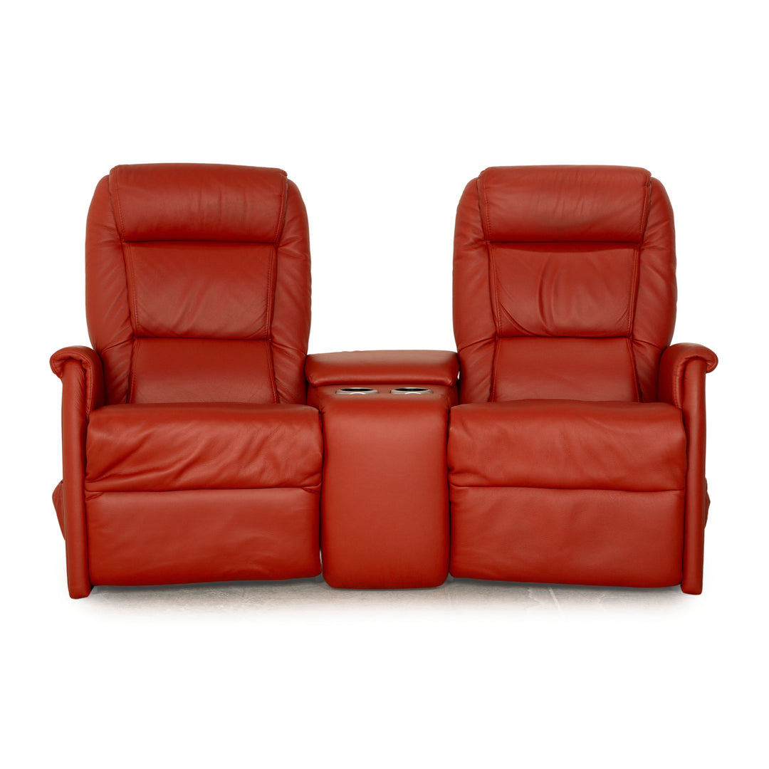 Himolla Trapeze Leather Two Seater Red Orange Electric Function Stand Up Sofa Couch Relax Function