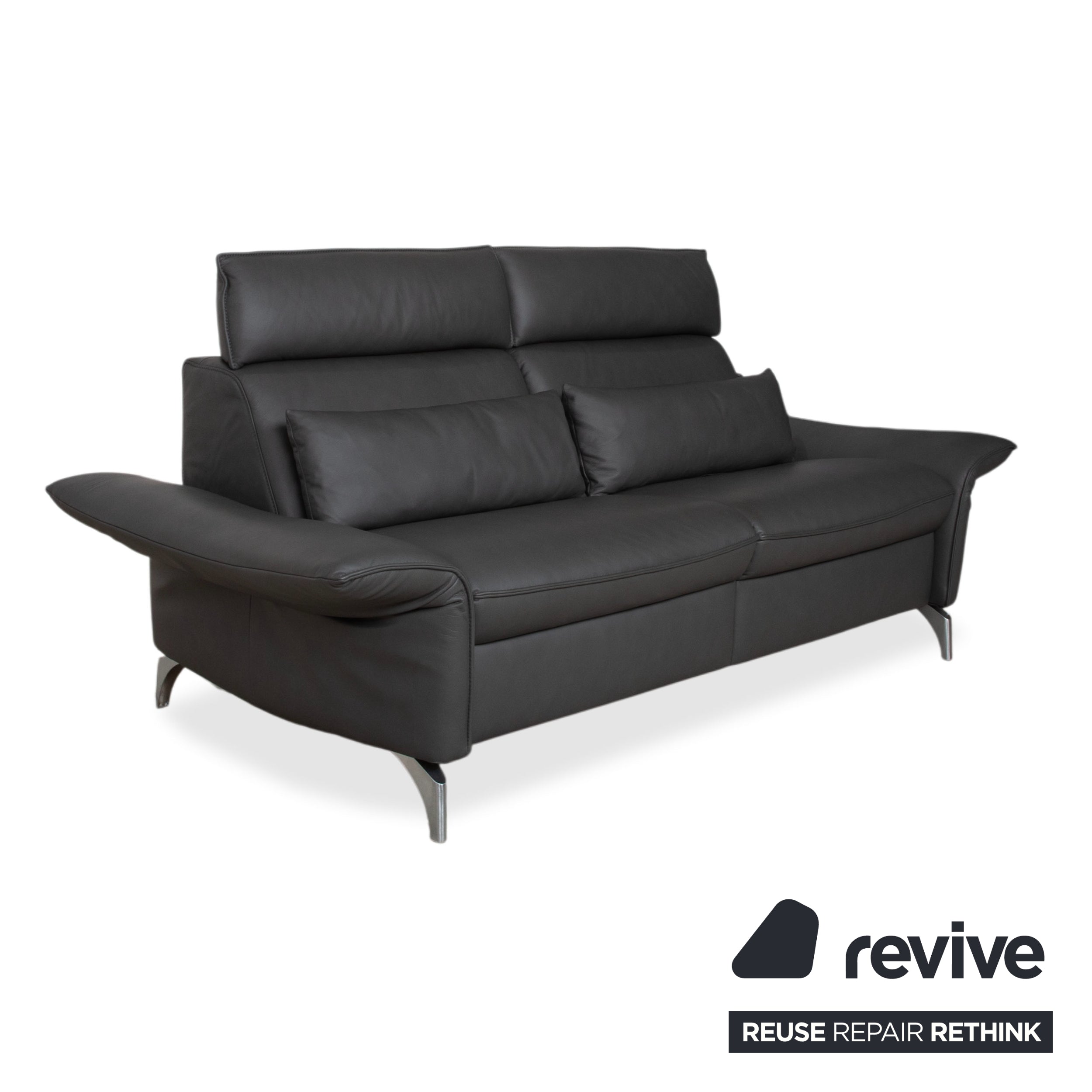 Himolla Weilheim Three-seater Grey Leather Sofa with Manual Reclining Function