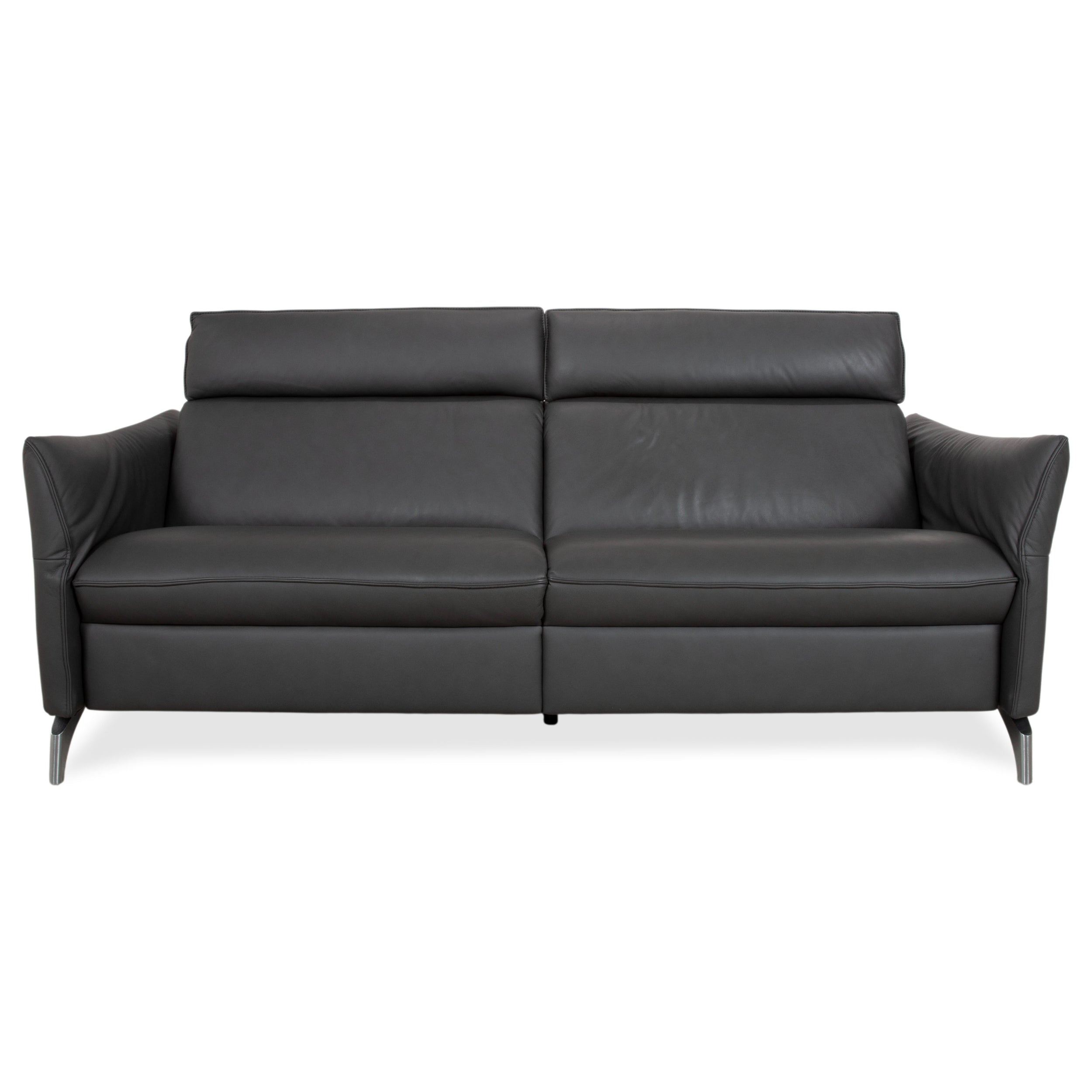 Himolla Weilheim Three-seater Grey Leather Sofa with Manual Reclining Function