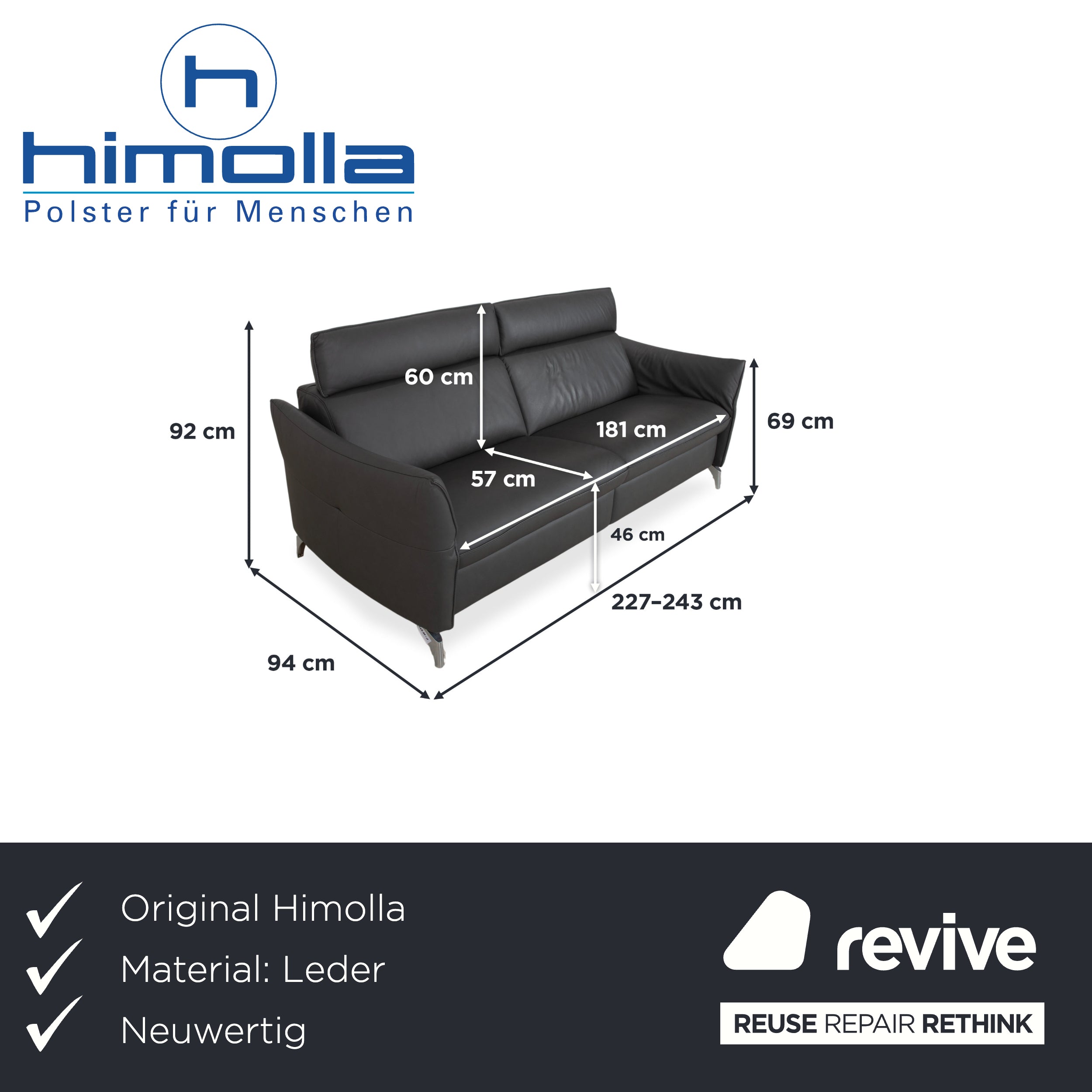 Himolla Weilheim Three-seater Grey Leather Sofa with Manual Reclining Function