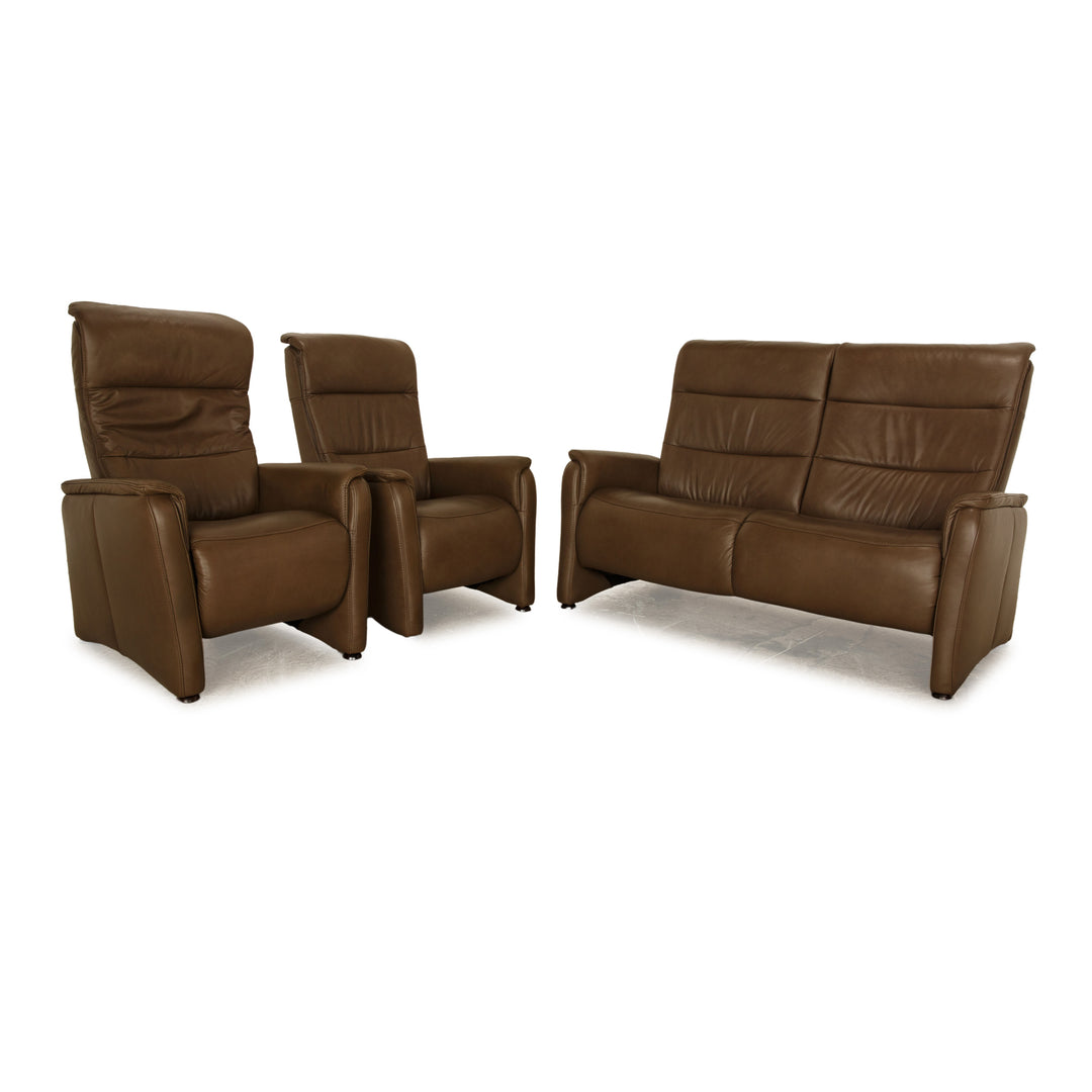 Hukla leather sofa set brown two-seater 2x armchair manual function relaxation chair