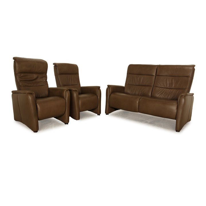 Hukla leather sofa set brown two-seater 2x armchair manual function relaxation chair