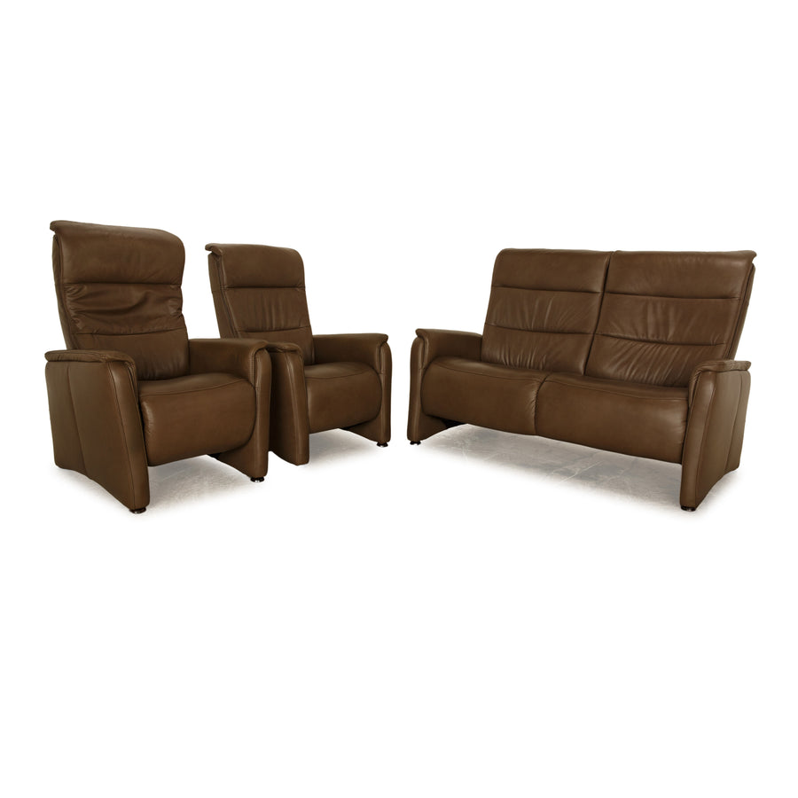 Hukla leather sofa set brown two-seater 2x armchair manual function relaxation chair