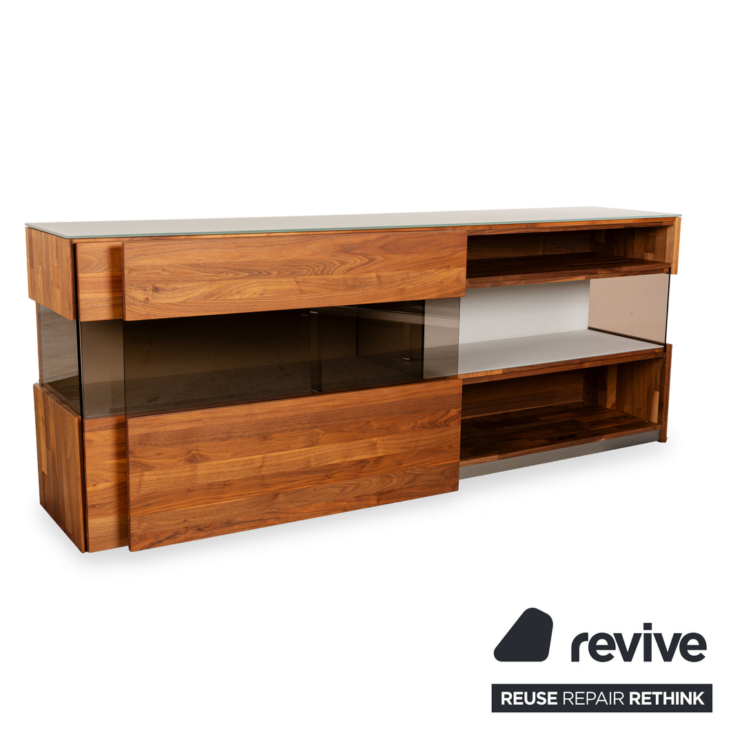 Buffet en bois Hülsta Aunis avec portes coulissantes en verre marron et vitrine