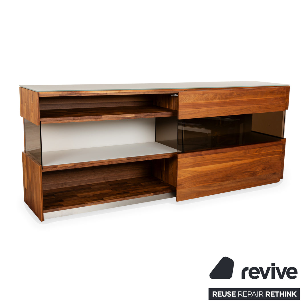 Buffet en bois Hülsta Aunis avec portes coulissantes en verre marron et vitrine