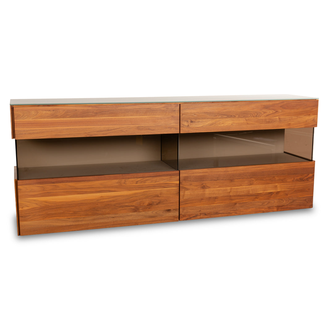 Buffet en bois Hülsta Aunis avec portes coulissantes en verre marron et vitrine