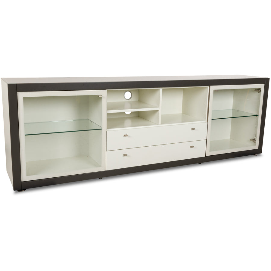 Buffet Hülsta Xelo en bois et verre, blanc et gris, tiroirs en verre, vitrine, tableau multimédia
