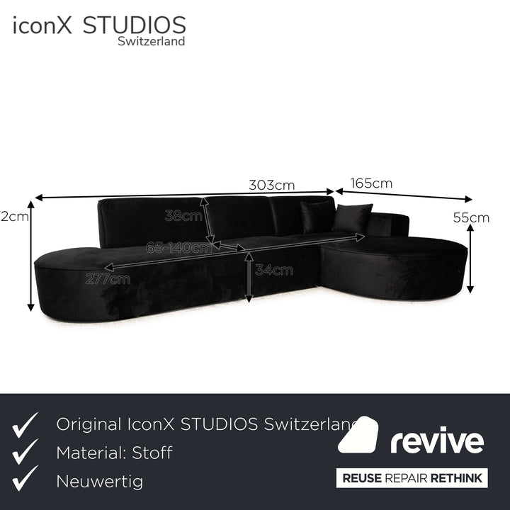 IconX STUDIOS Canapé d'angle en tissu velours Belagio chaise longue noire droite