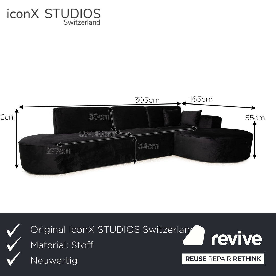 IconX STUDIOS Belagio Samt Stoff Ecksofa Schwarz Recamiere rechts