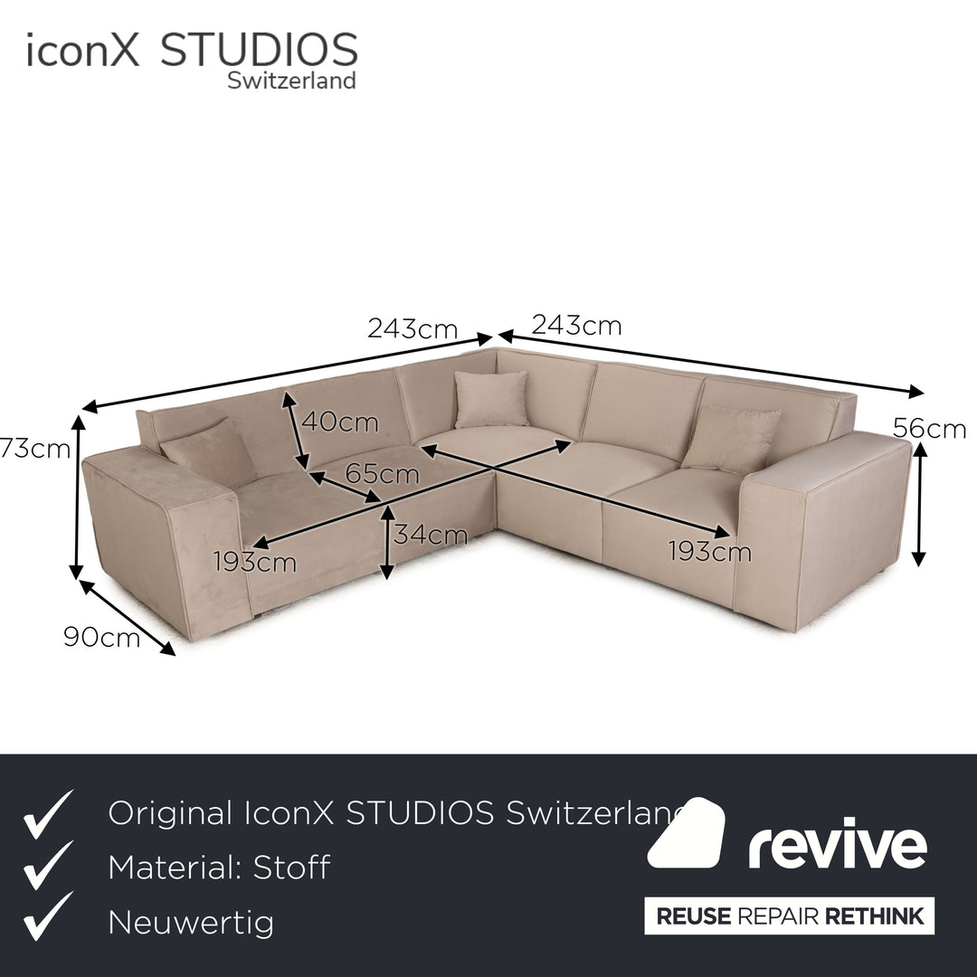 IconX STUDIOS Beluga Samt Stoff Ecksofa Creme Recamiere rechts & links