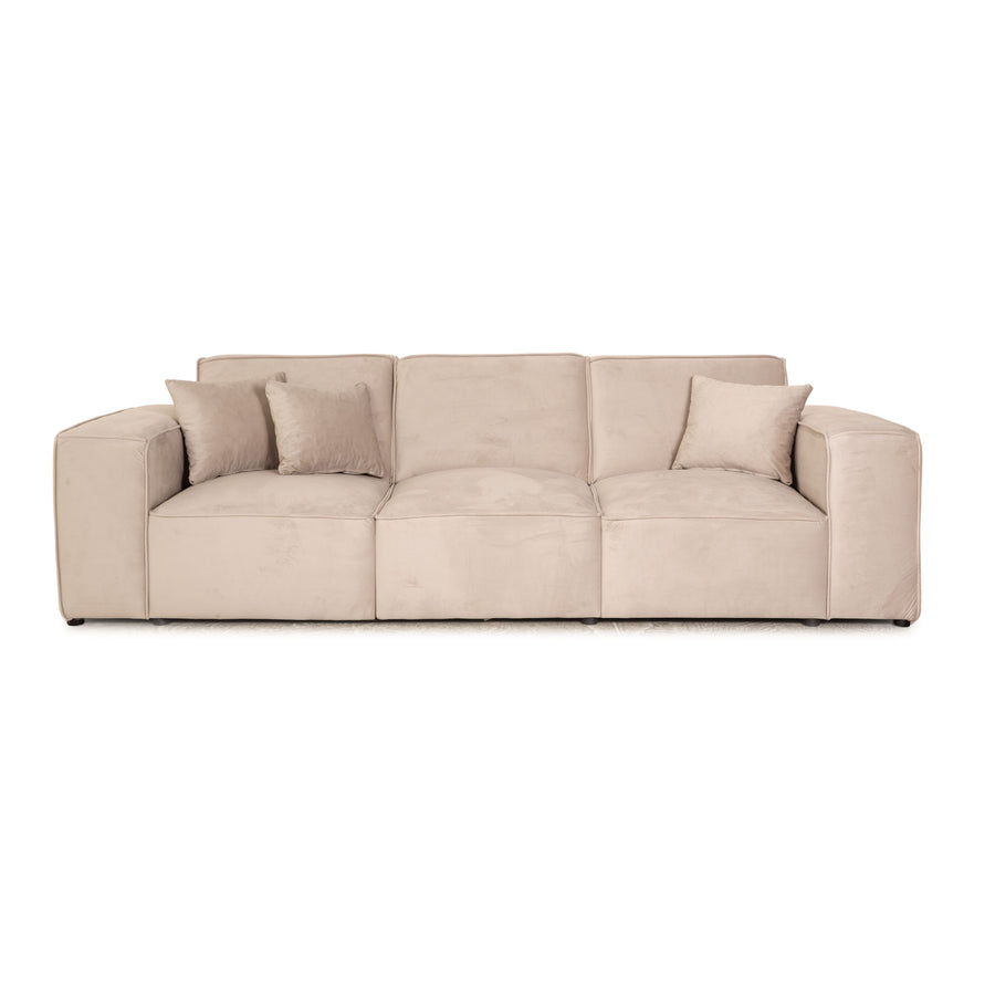 IconX STUDIOS Beluga Velvet Fabric Four Seater Sofa Couch Beige Light Grey