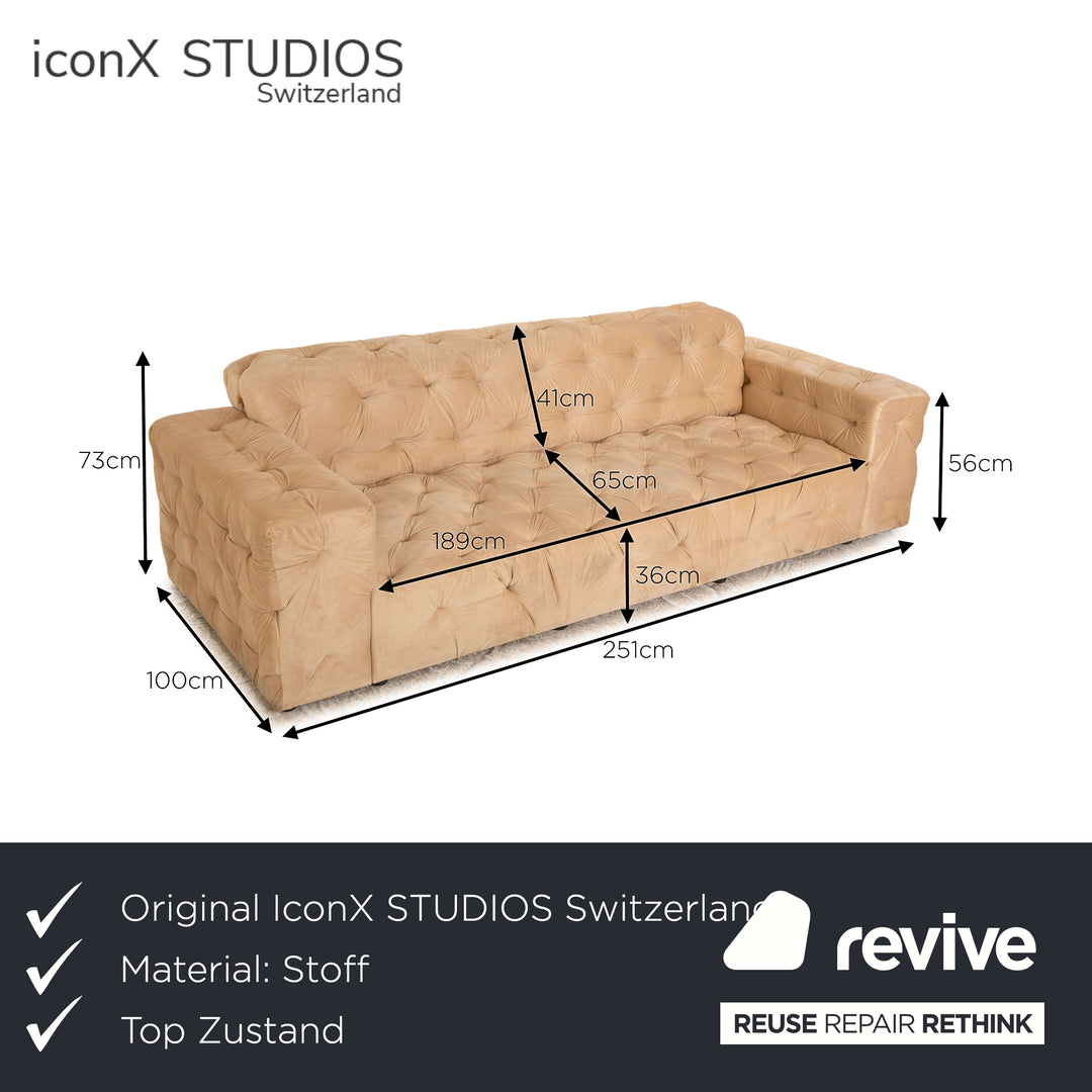 IconX STUDIOS Venus Velvet Fabric Three Seater Beige Sofa Couch