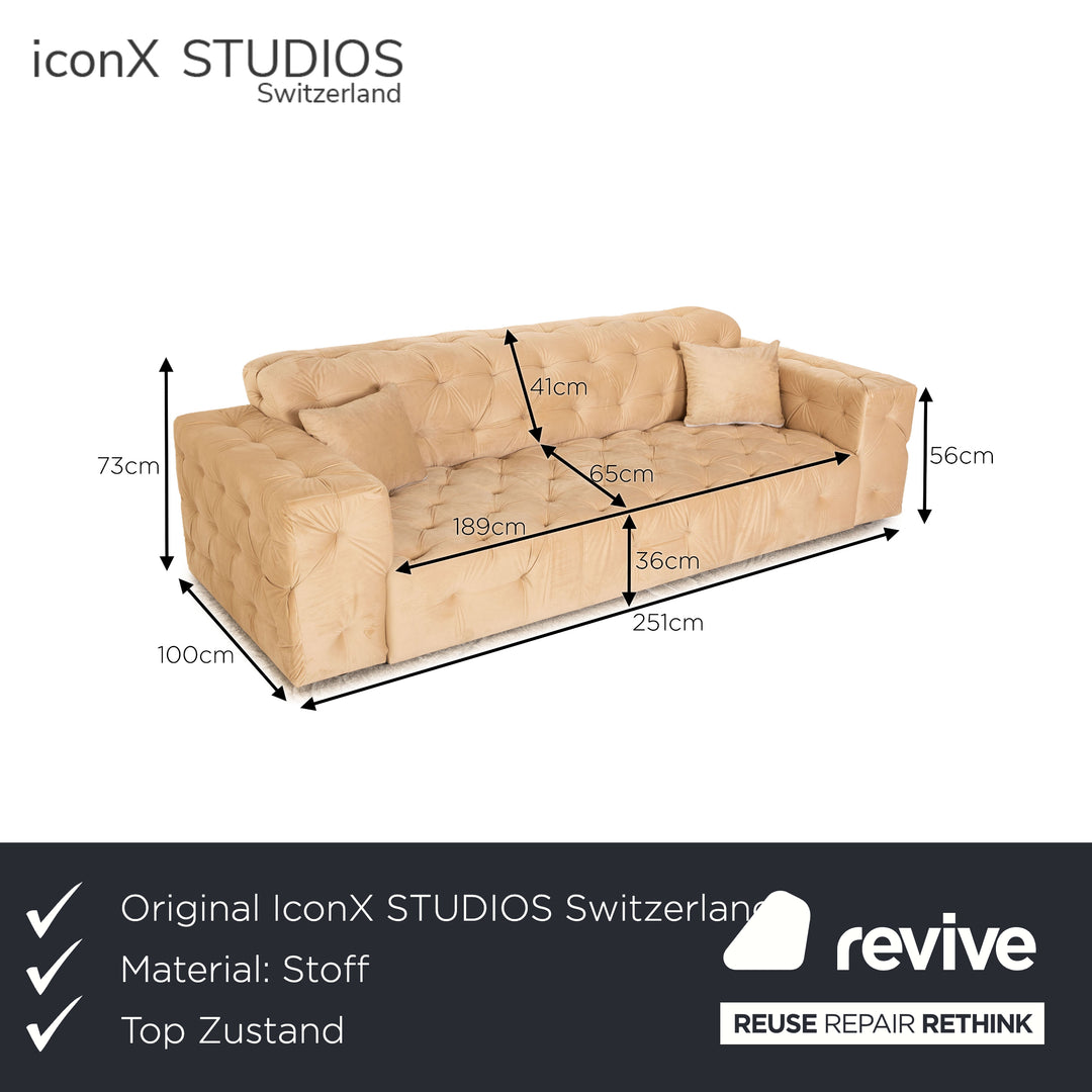 IconX STUDIOS Venus Velvet Fabric Three Seater Beige Sofa Couch