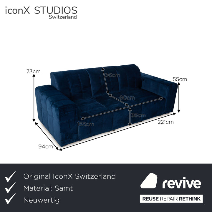 IconX Switzerland Bloom Velvet Sofa Blue Three Seater Couch