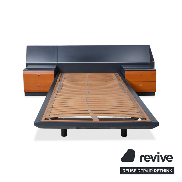 Interlübke Wooden Bed Wood Dark Blue Navy Brown Bedroom Manual Function incl. 2 Nightstands