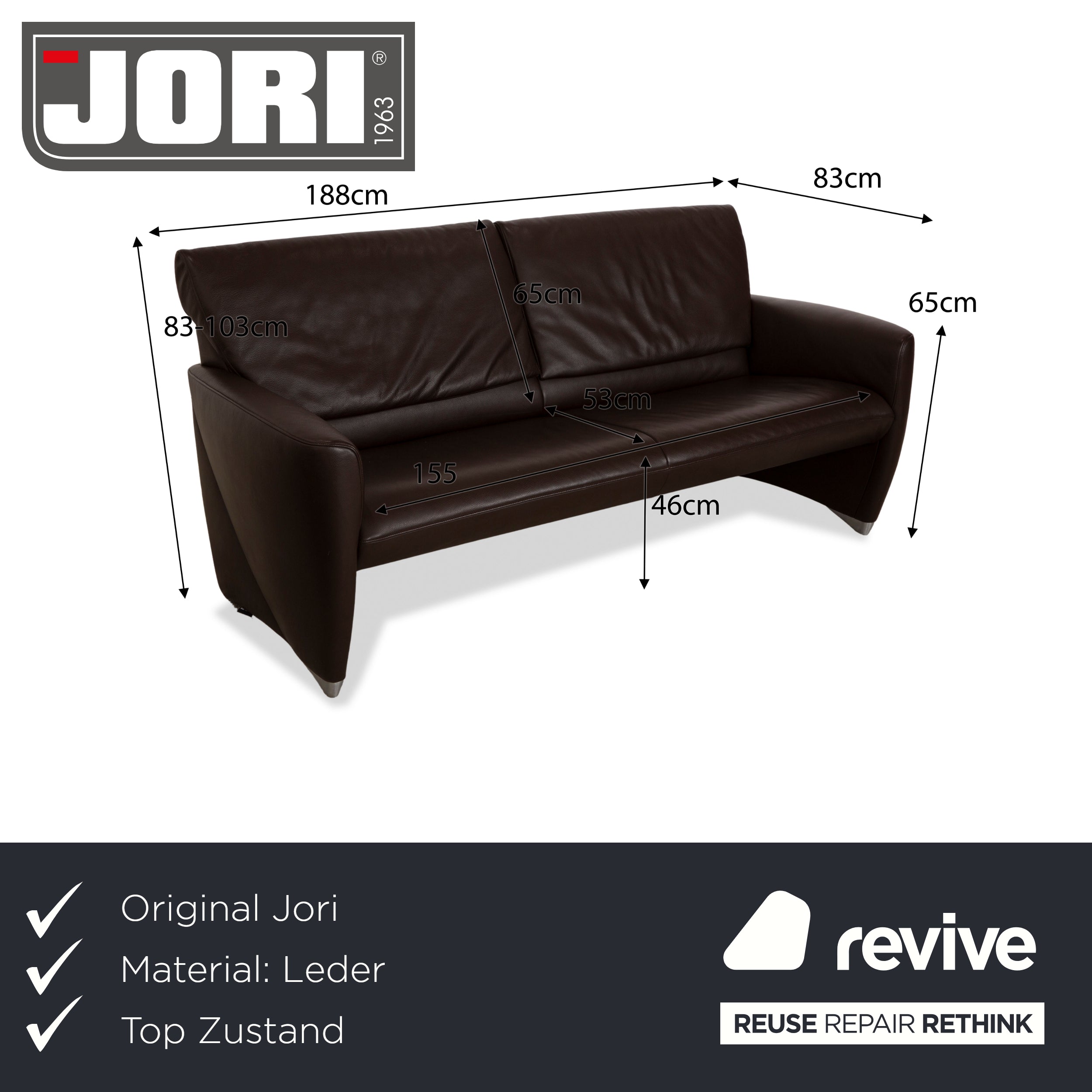 Jori Angel JR-3250 Leder Dreisitzer Braun Sofa Couch manuelle Funktion