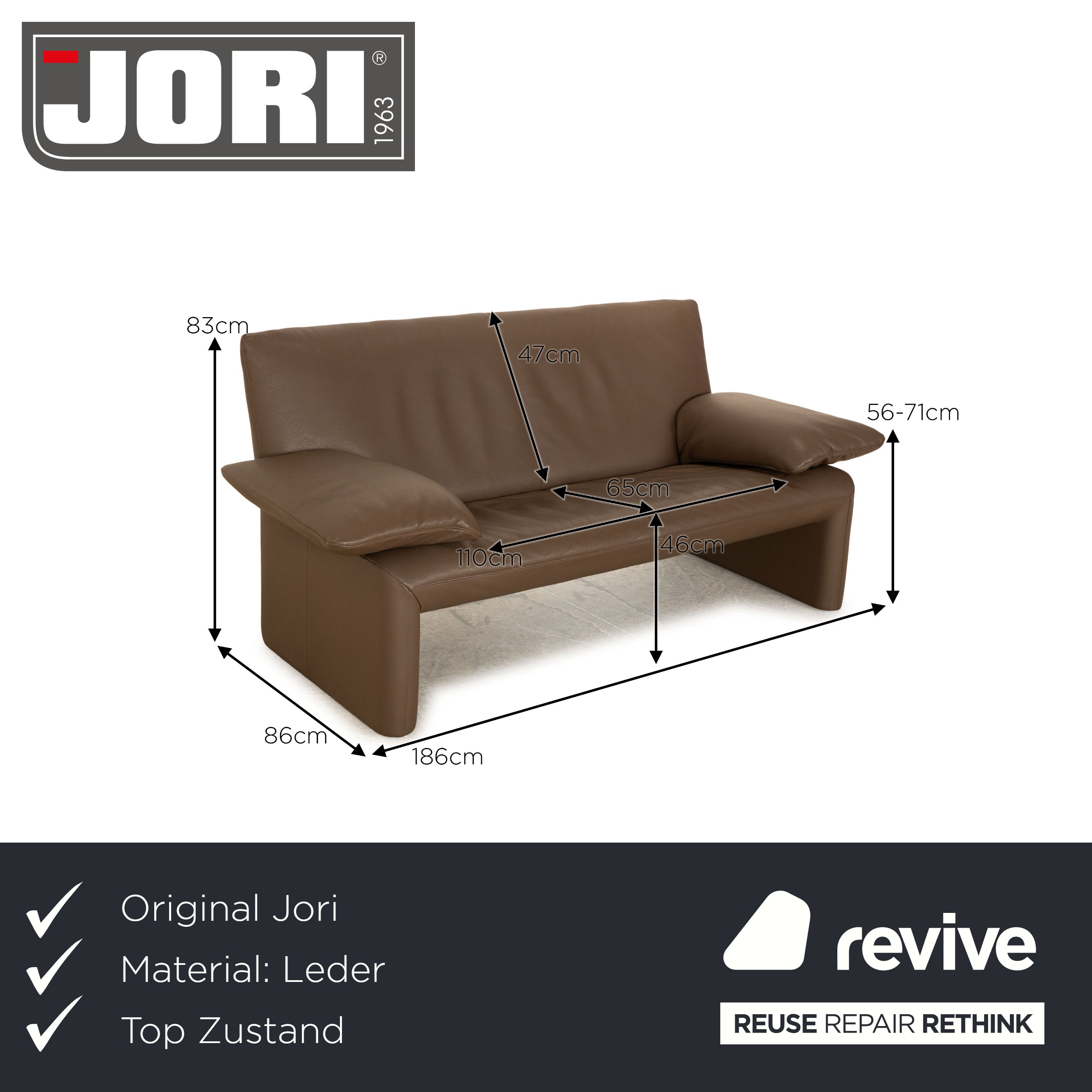Jori Linea Leder Zweisitzer Braun Dunkelbraun Sofa Couch manuelle Funktion