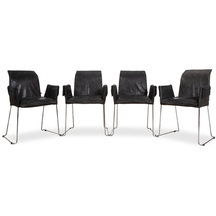 KFF Mexico Leder 4er Set Stühle Schwarz Anthrazit Chrom