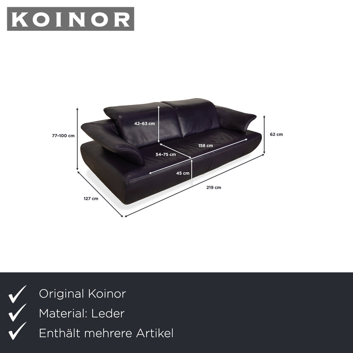 Canapé-lit trois places Koinor Avanti en cuir violet aubergine avec pouf et fonction manuelle