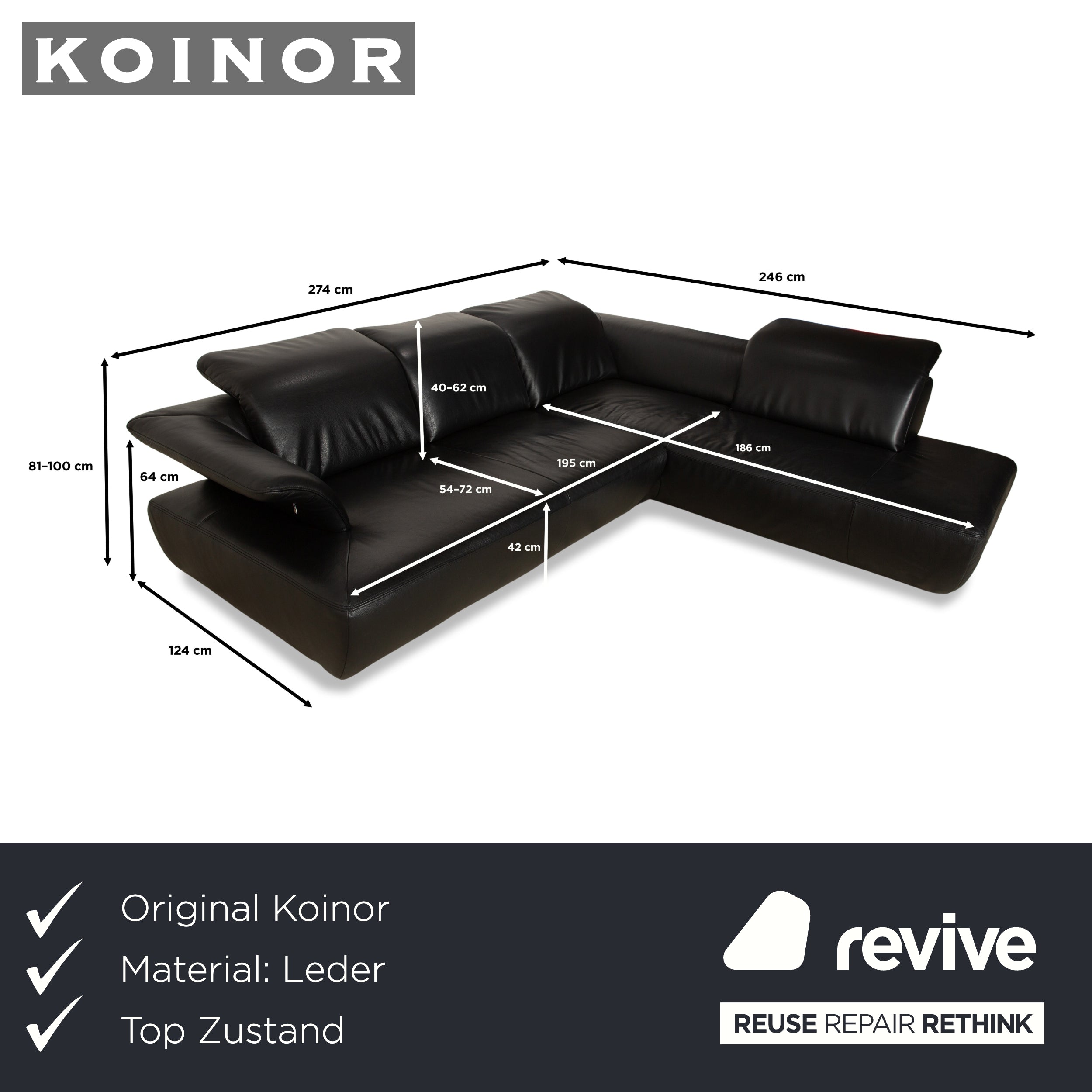 Canapé d'angle en cuir noir Koinor Avanti à fonction manuelle
