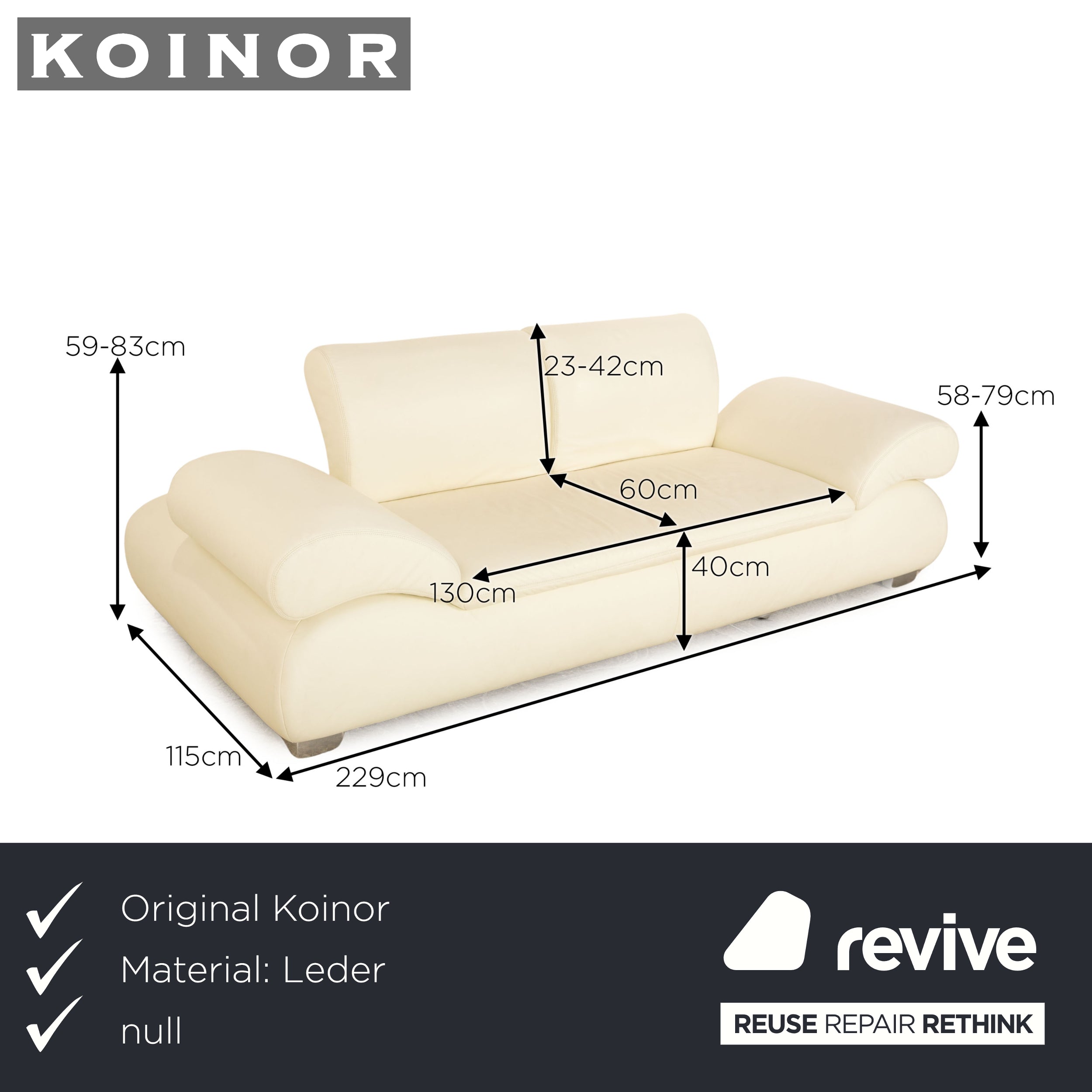 Koinor Diva Sofa Leather White Cream Two Seater Manual Function Couch