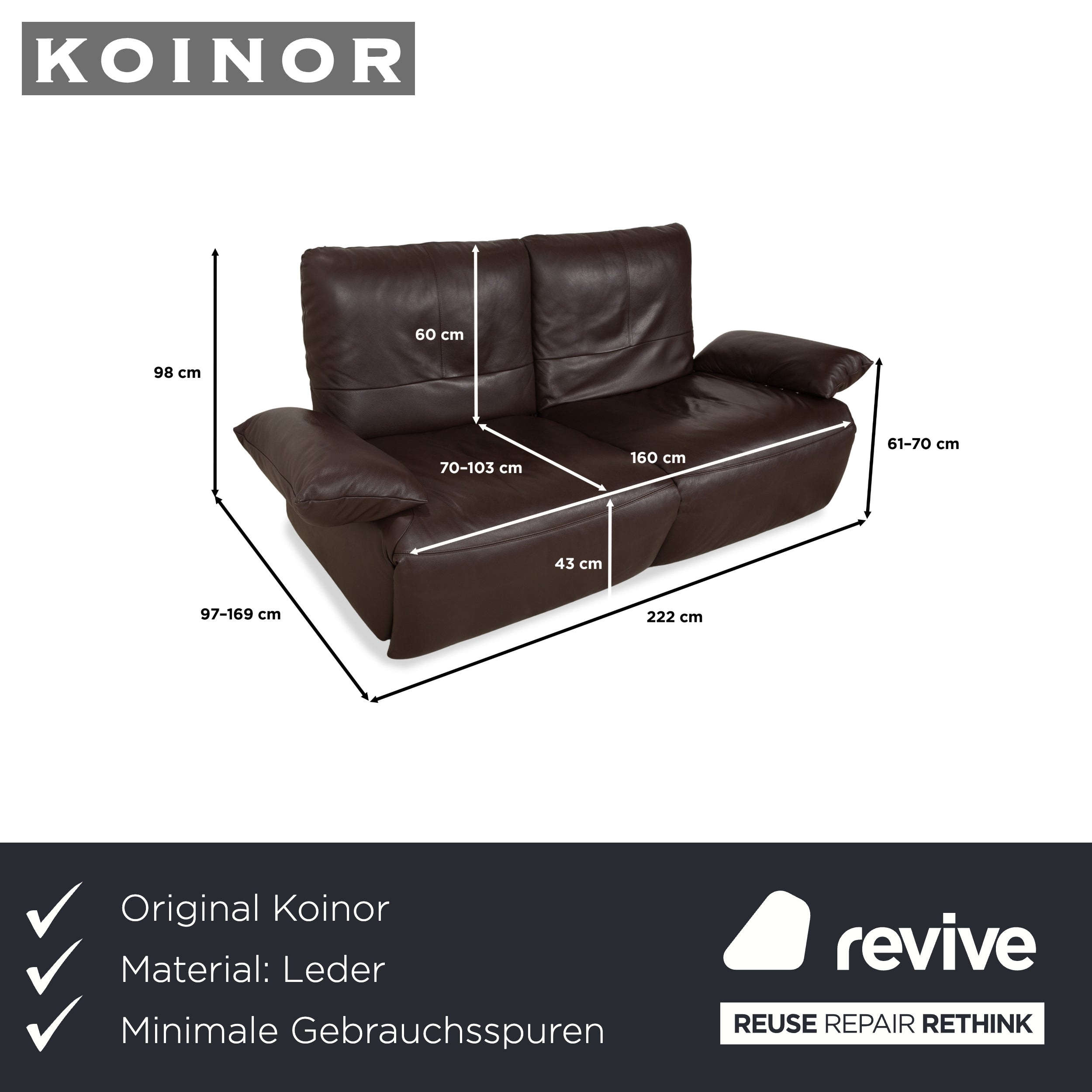 Koinor Easy Leather Two-Seater Brown Electric Function Sofa Couch