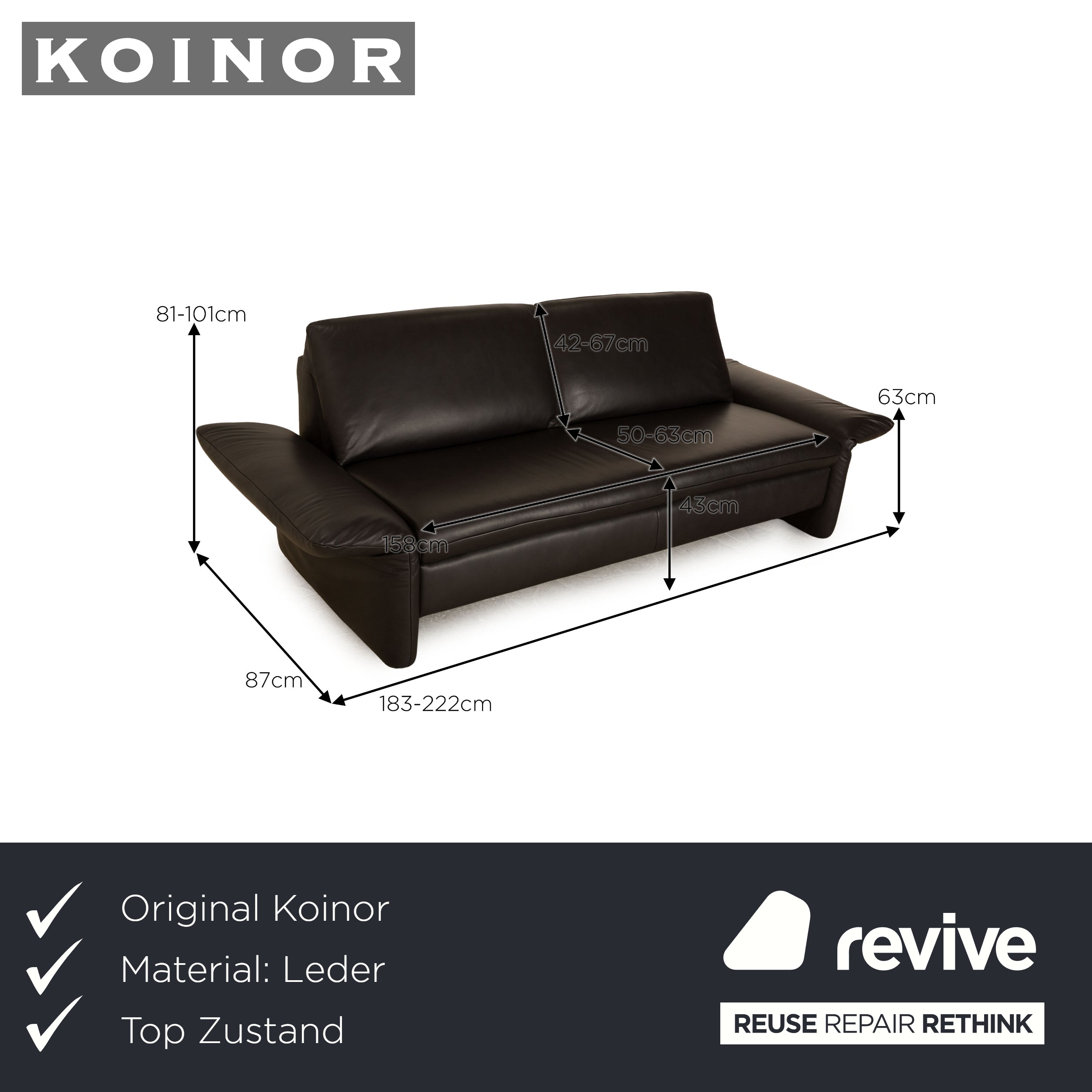 Koinor Elena Leder Dreisitzer Dunkelgrau manuelle Funktion Sofa Couch