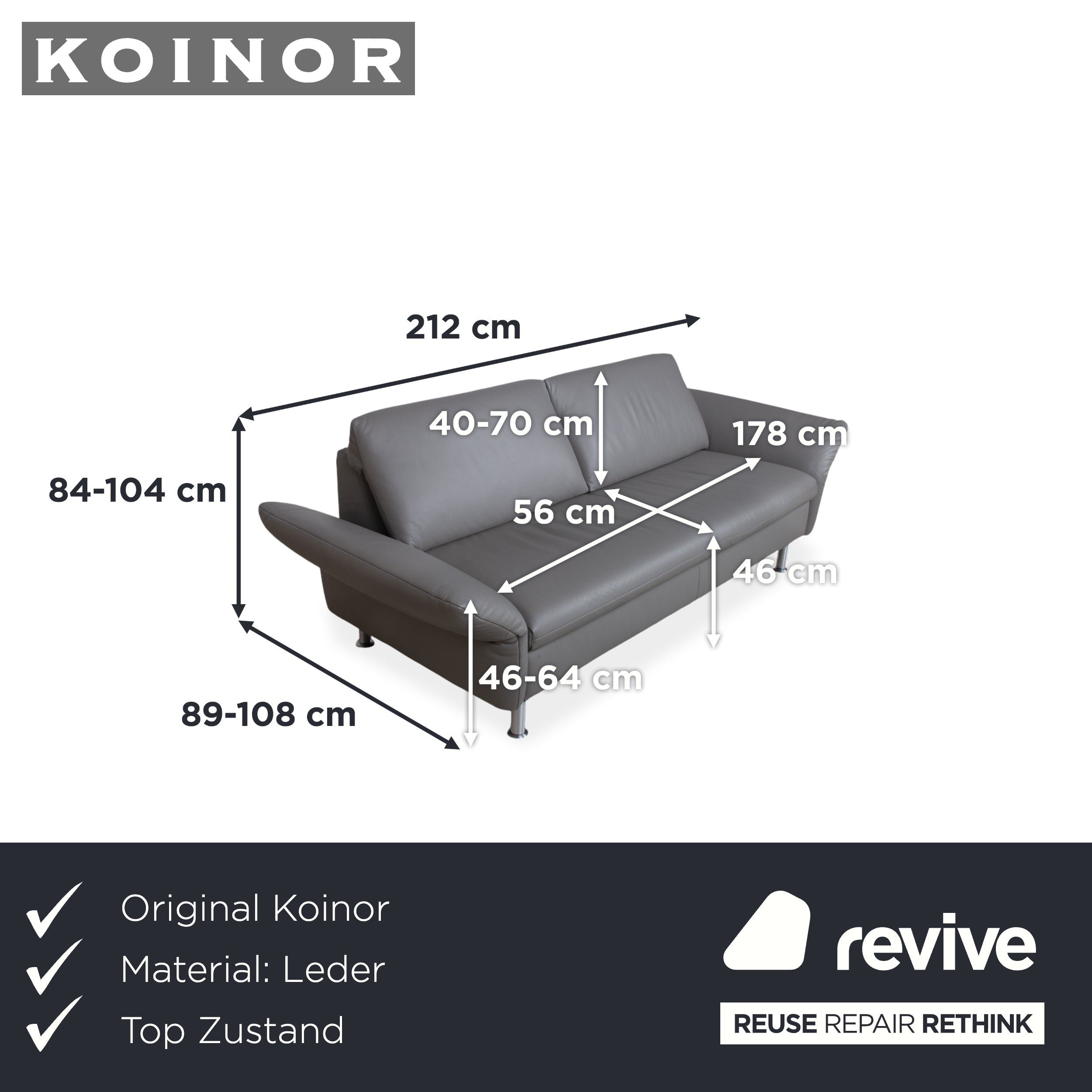 Koinor Elena Leder Dreisitzer Grau manuelle Funktion Sofa Couch