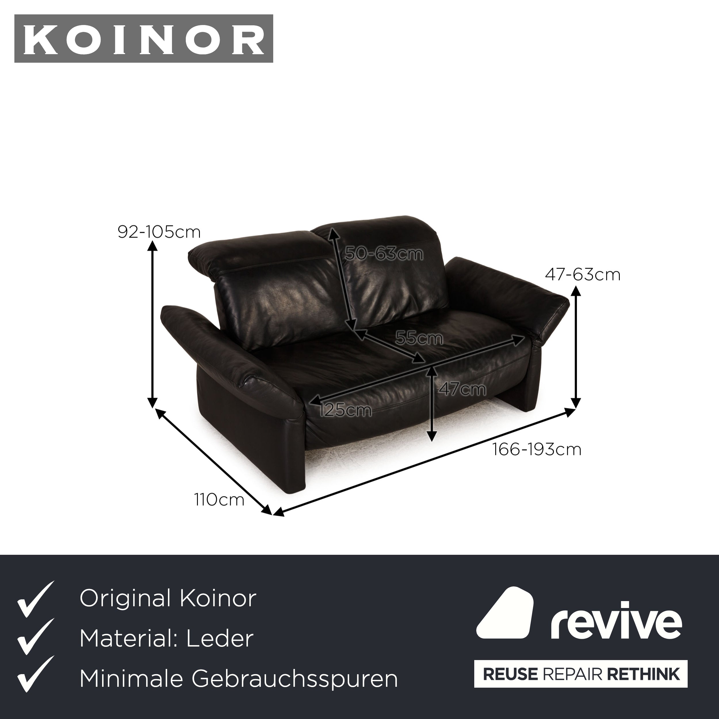 Koinor Elena leather sofa black two-seater couch relax function