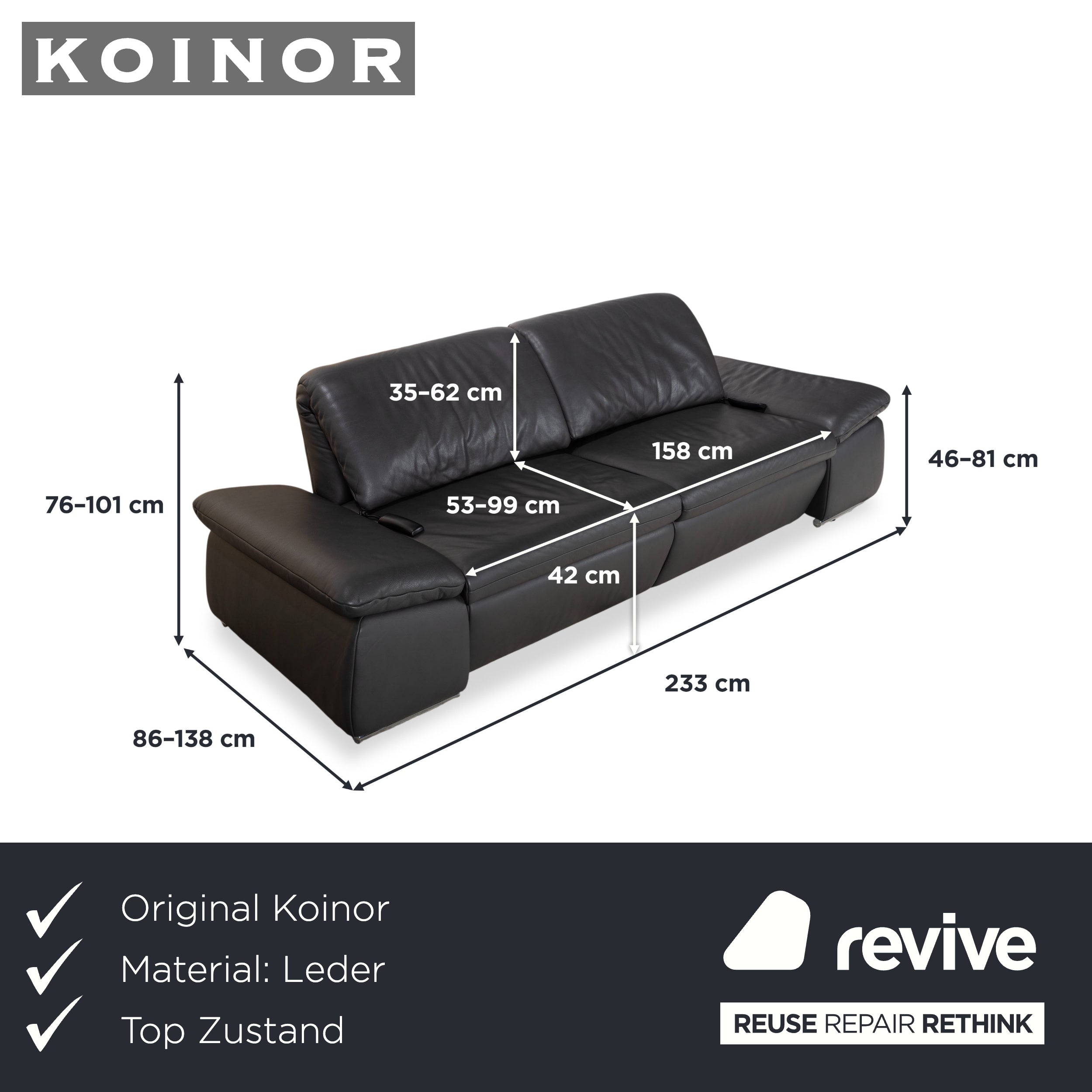 Koinor Evento Leder Dreisitzer Schwarz Sofa Couch elektrische Funktion