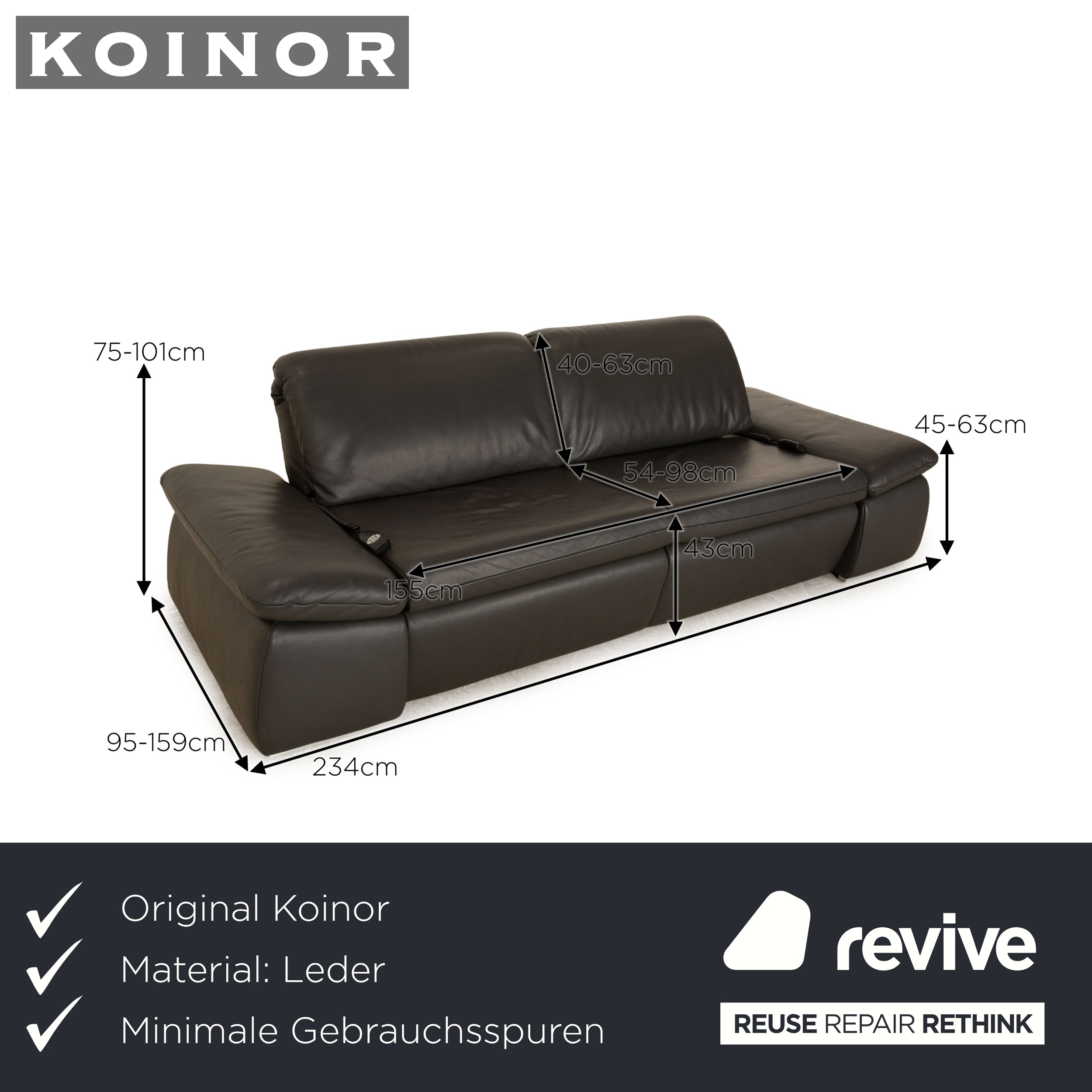 Koinor Evento Leather Two Seater Grey Dark Grey Electric Function Sofa Couch