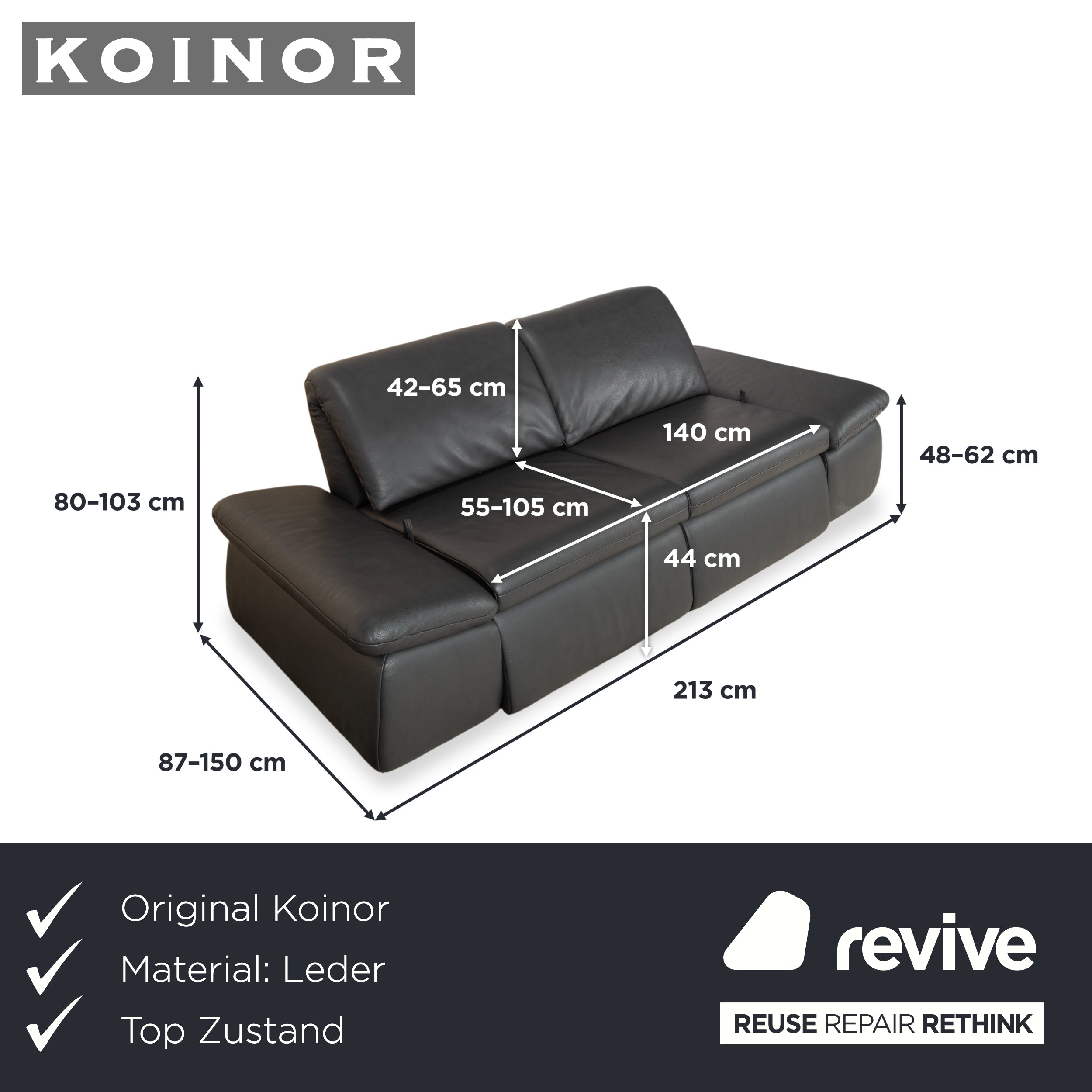 Koinor Evento Leder Zweisitzer Schwarz Sofa Couch Relaxfunktion manuelle Funktion