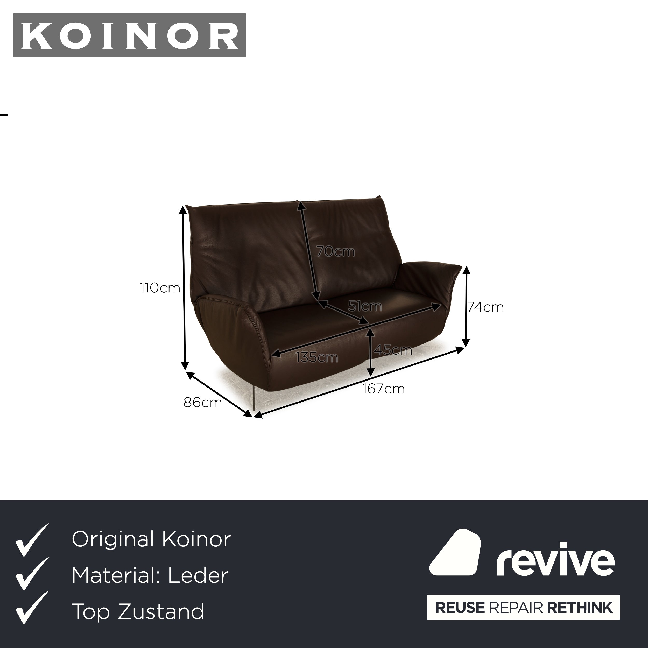 Koinor Evita Leather Two Seater Brown Manual Function Sofa Couch