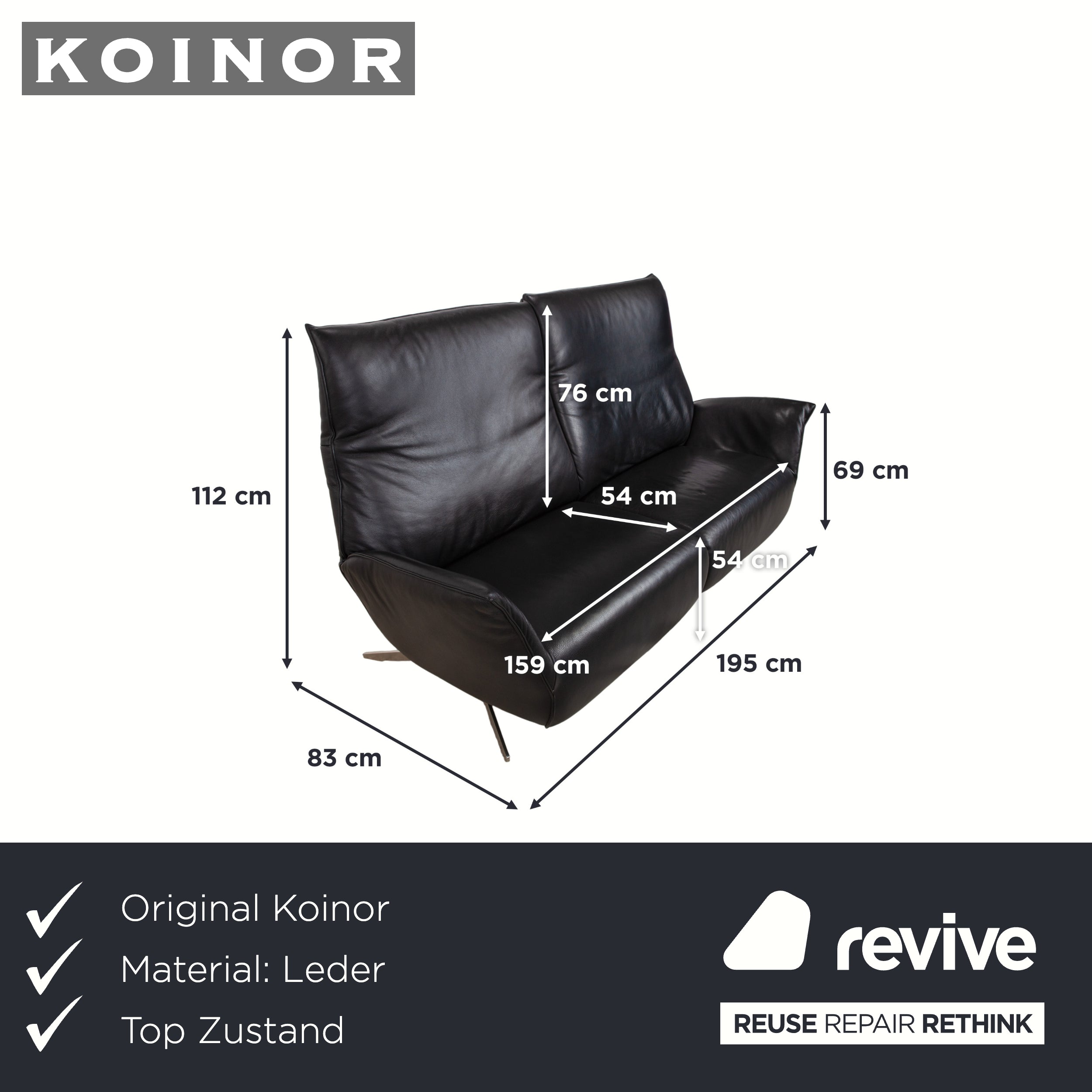 Koinor Evita Leather Two-Seater Black Electric Function Sofa Couch
