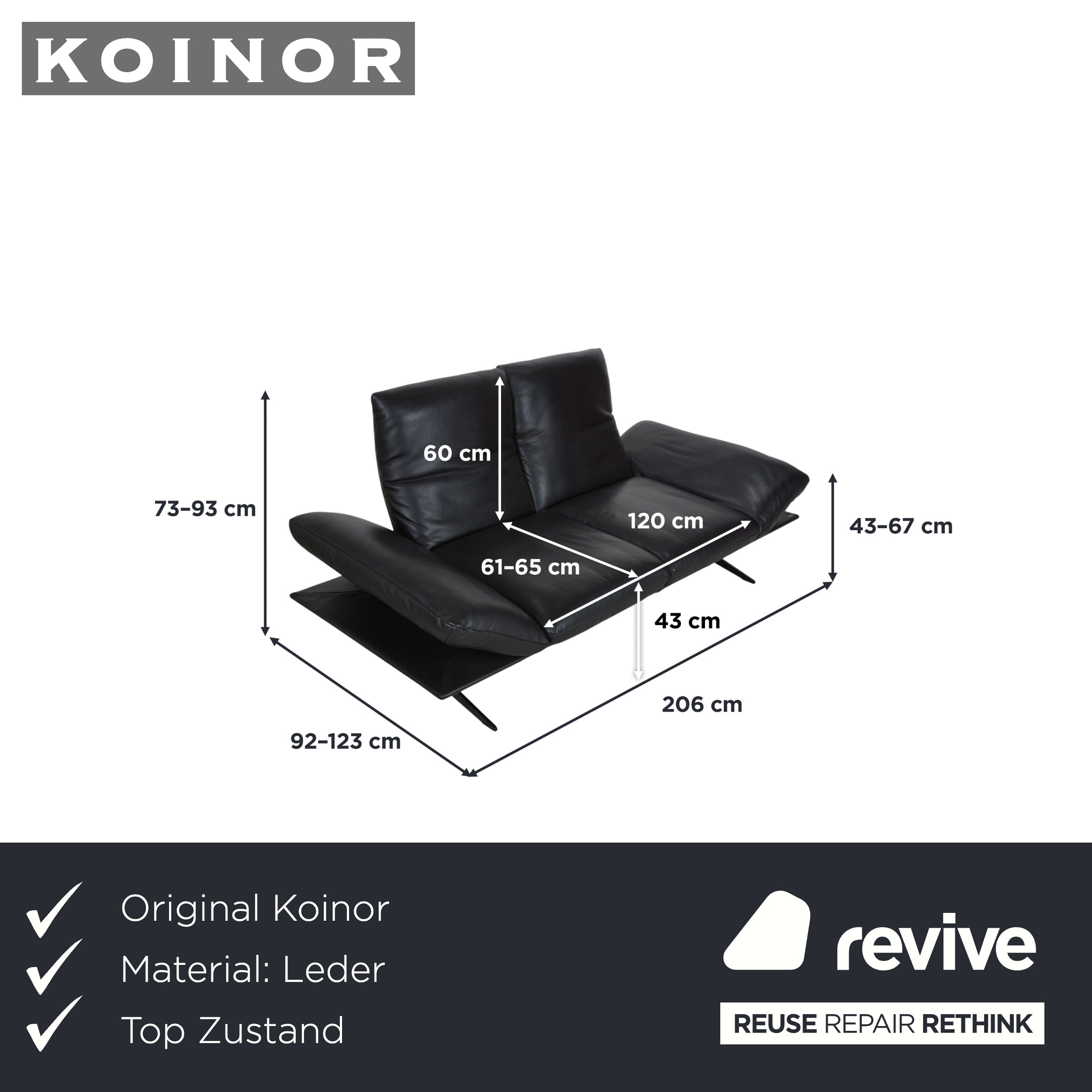 Koinor Francis Leather Two-Seater Black Manual Function Sofa