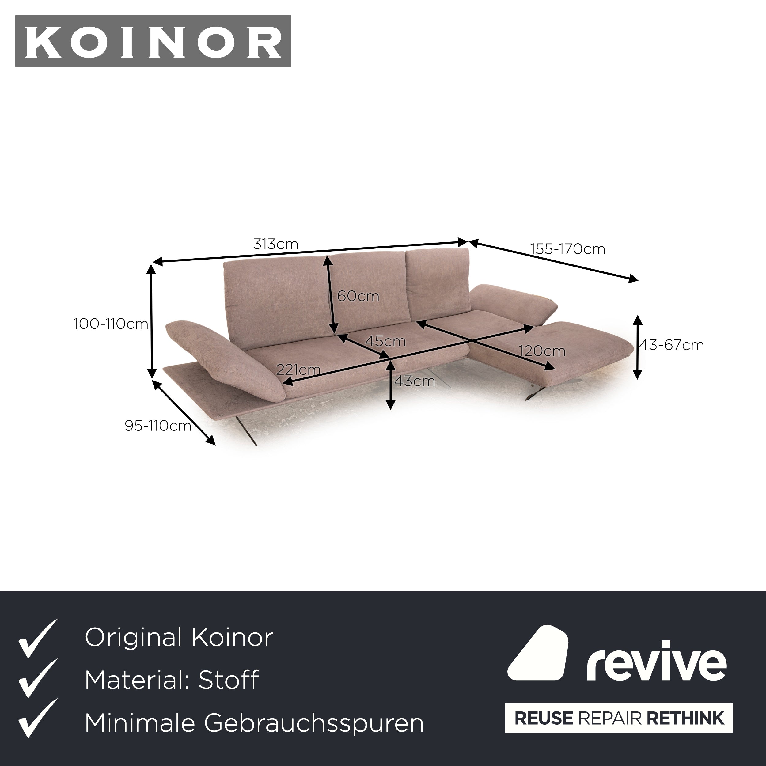 Koinor Francis Stoff Ecksofa Grau Recamiere Rechts manuelle Funktion Sofa Couch