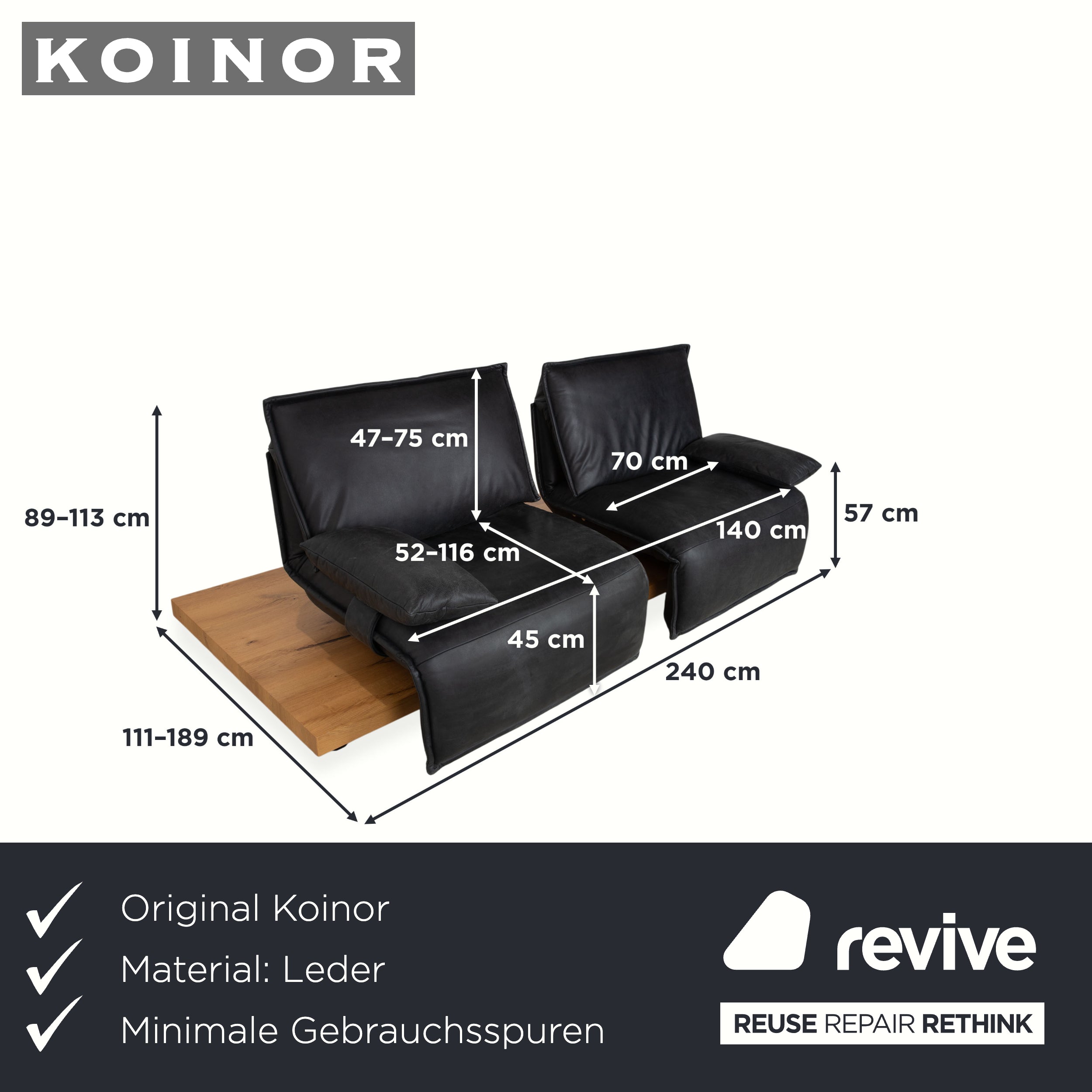 Koinor Free Motion Edit 2 Leder Zweisitzer Dunkelgrau Schiefer manuelle Funktion Sofa Couch