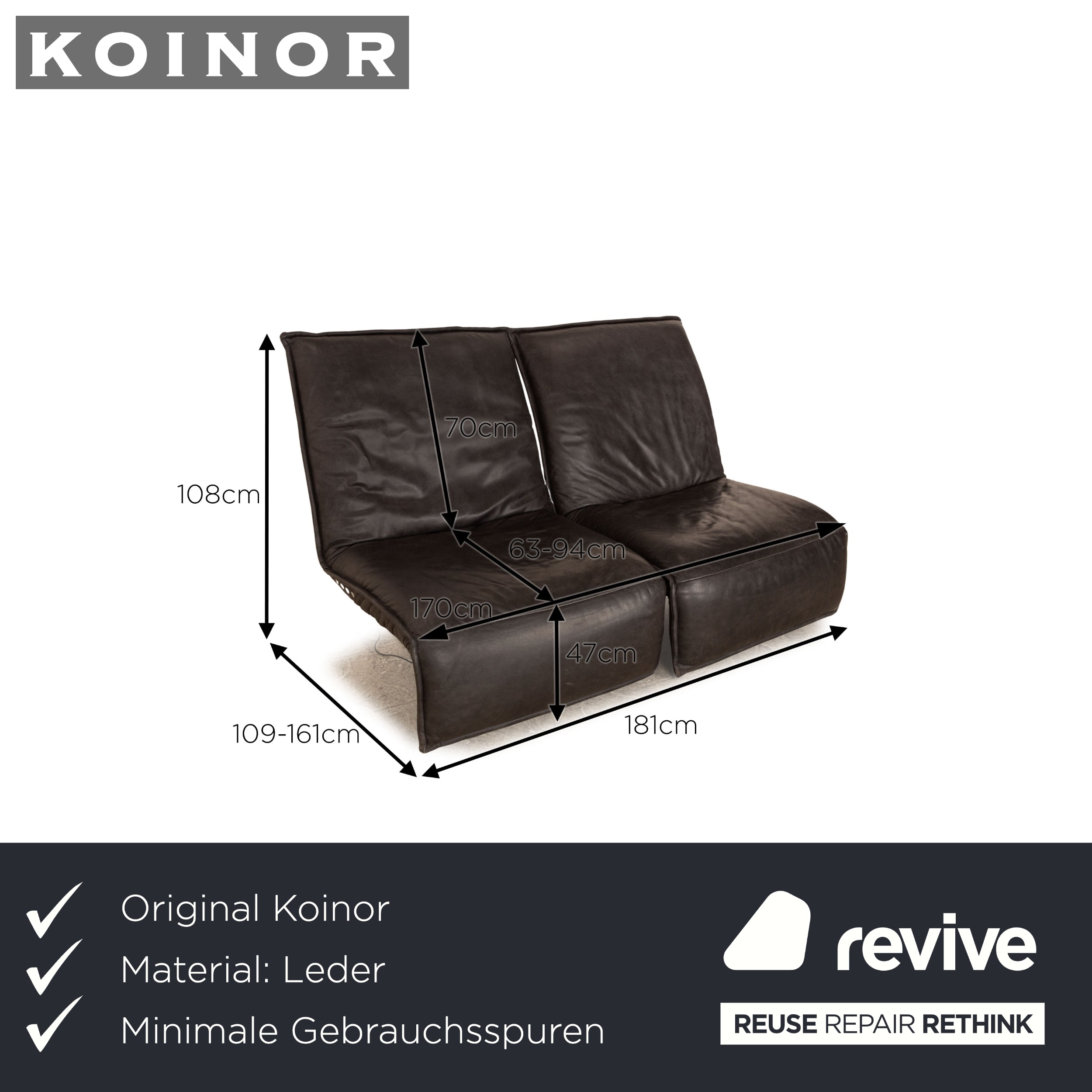 Koinor Free Motion Epiq Canapé 2 Places Cuir Anthracite Gris Noir Canapé Aniline Fonction Électrique