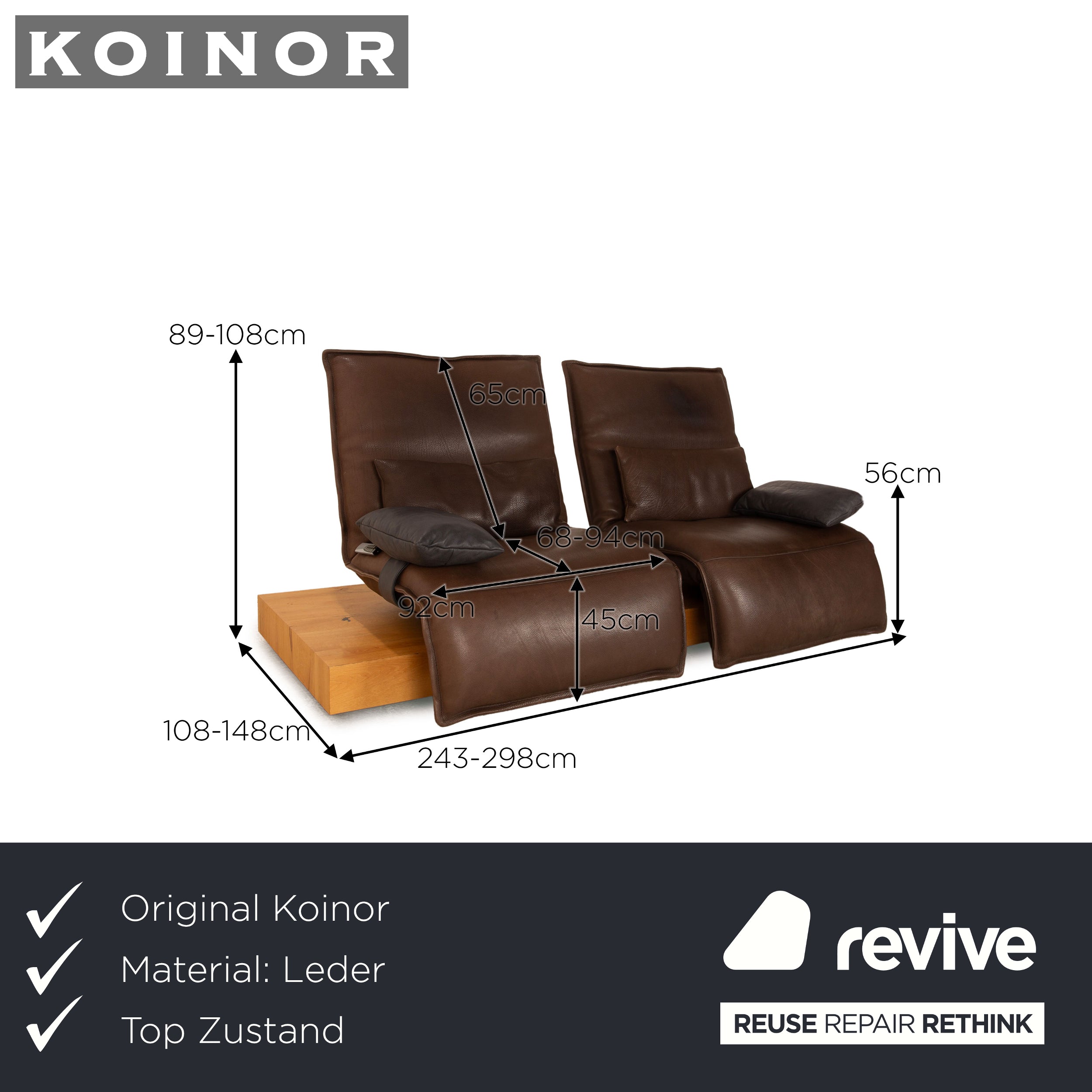 Koinor Free Motion Epos 3 Leather Two Seater Dark Brown Electric Function Sofa Couch