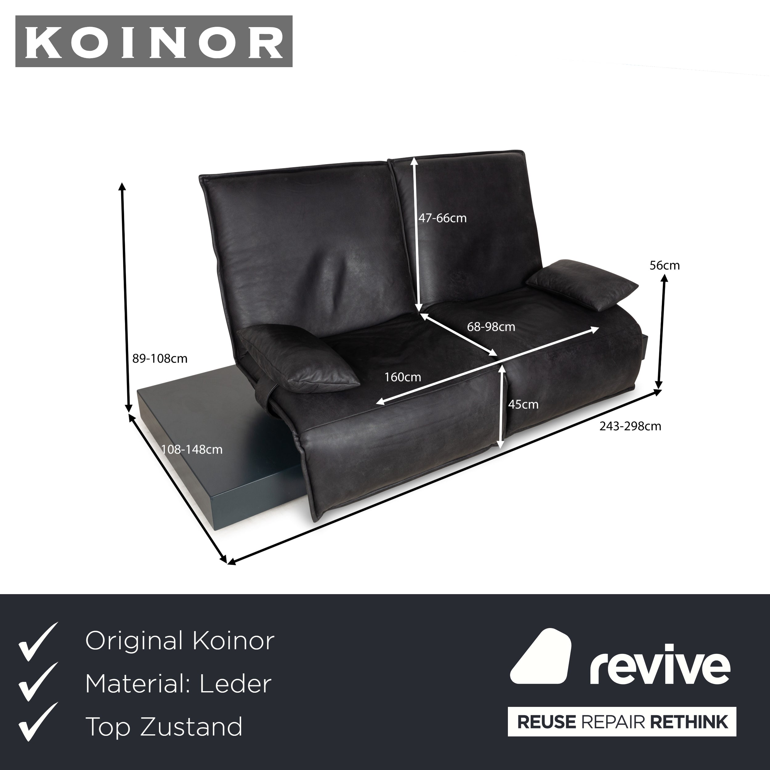 Koinor Free Motion Epos 3 Canapé 2 Places en Cuir Gris Foncé