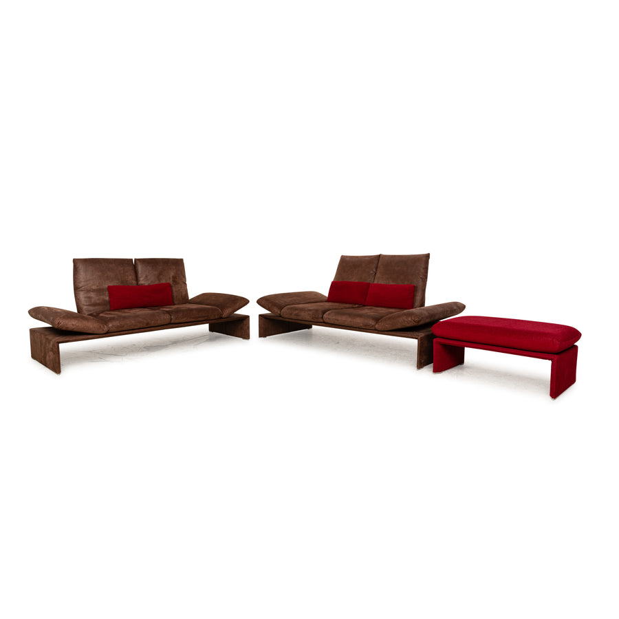 Koinor Houston Leder Stoff Sofa Garnitur Braun Rot manuelle Funktion Zweisitzer Couch Hocker