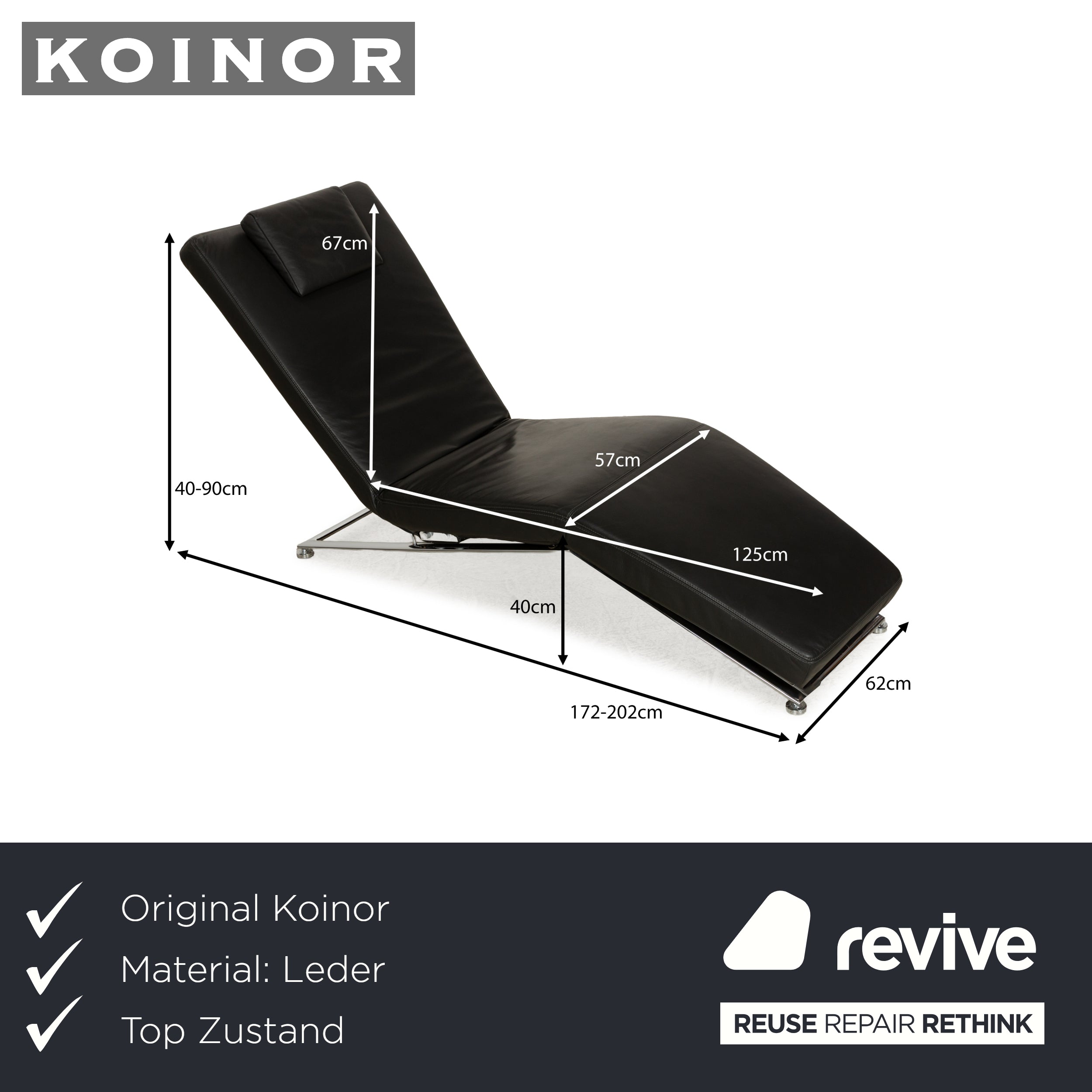 Koinor Jeremiah Chaise Longue en Cuir Noir Fonction Manuelle