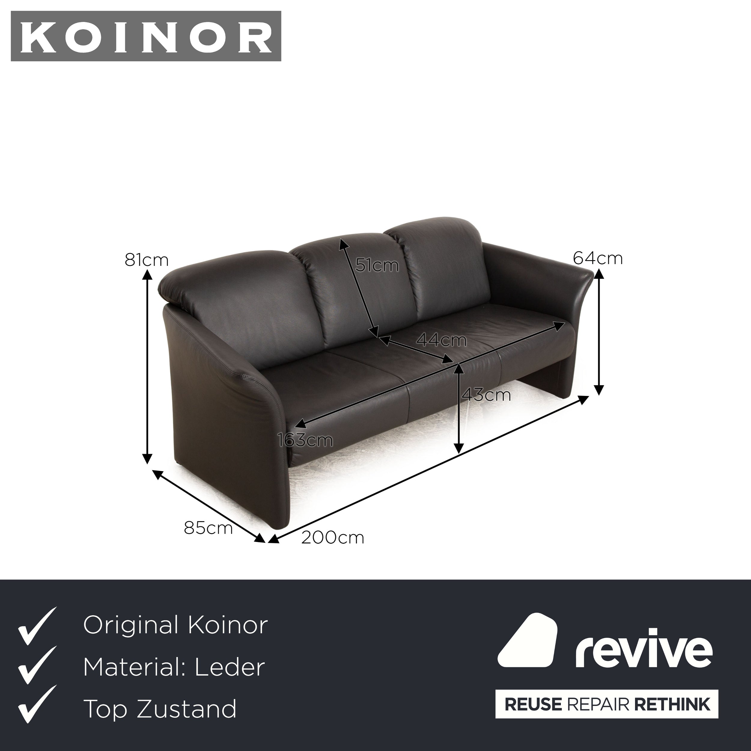 Koinor Leder Dreisitzer Grau Schwarz Sofa Couch