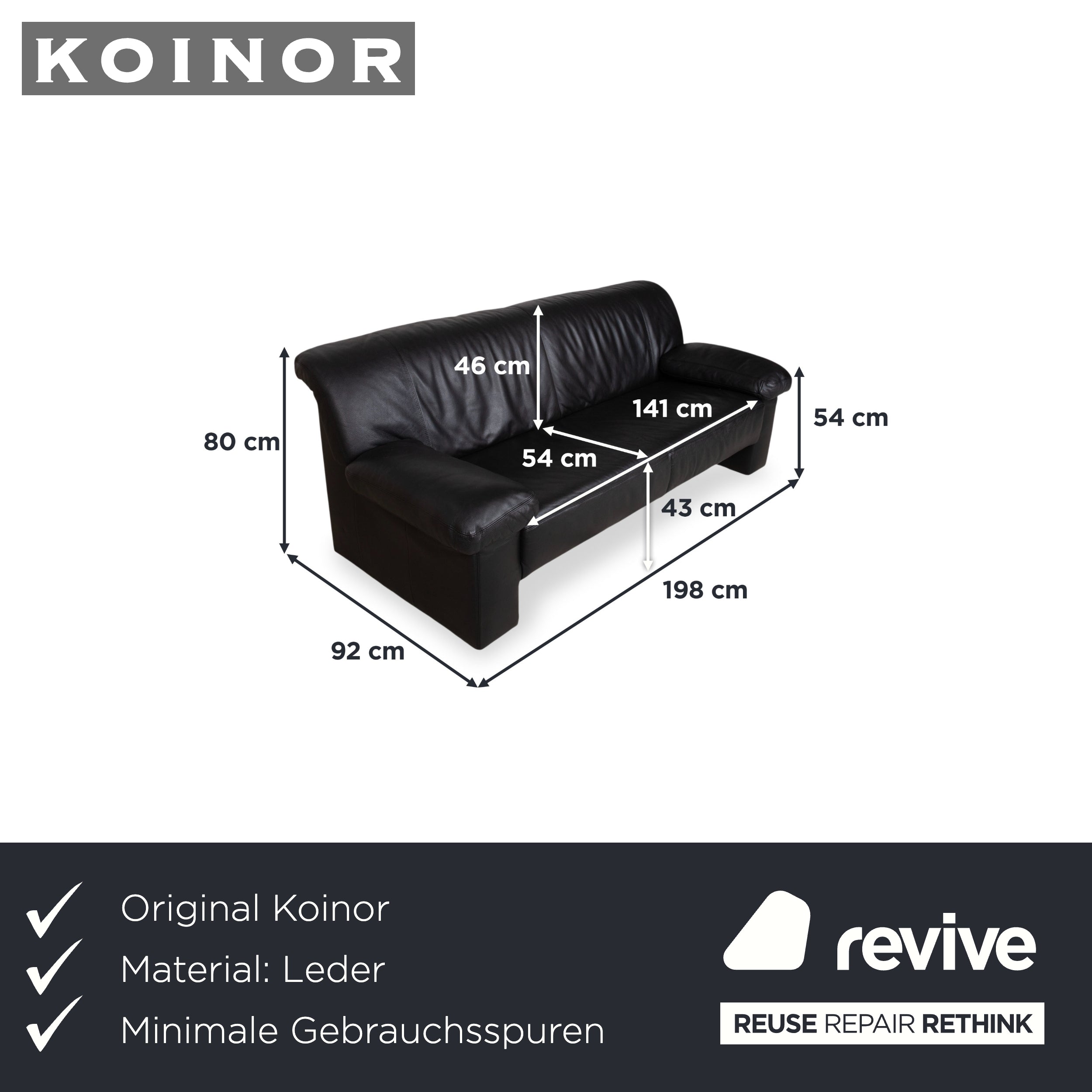 Koinor Leather Three-Seater Black Sofa Couch