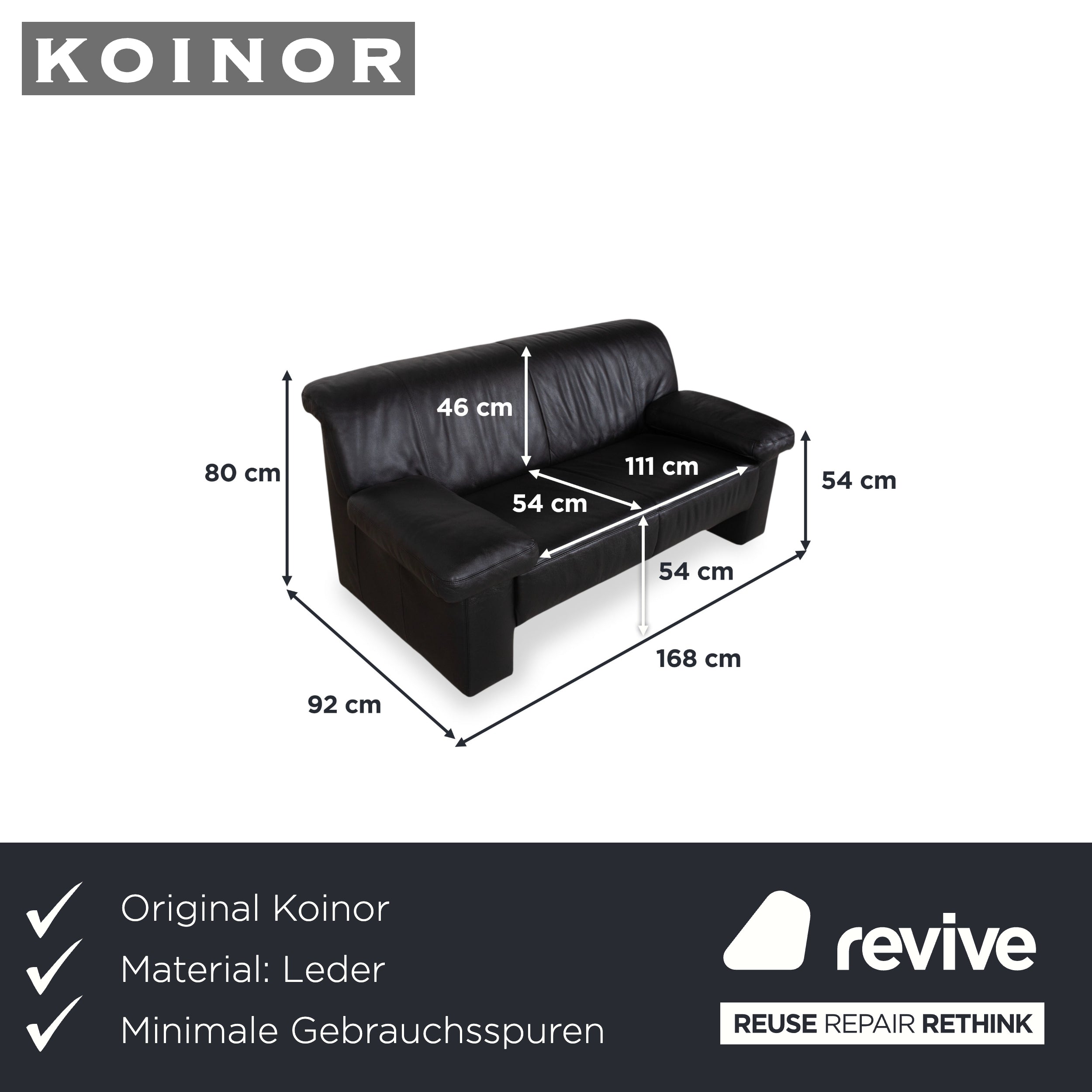 Koinor Leather Two Seater Black Sofa Couch