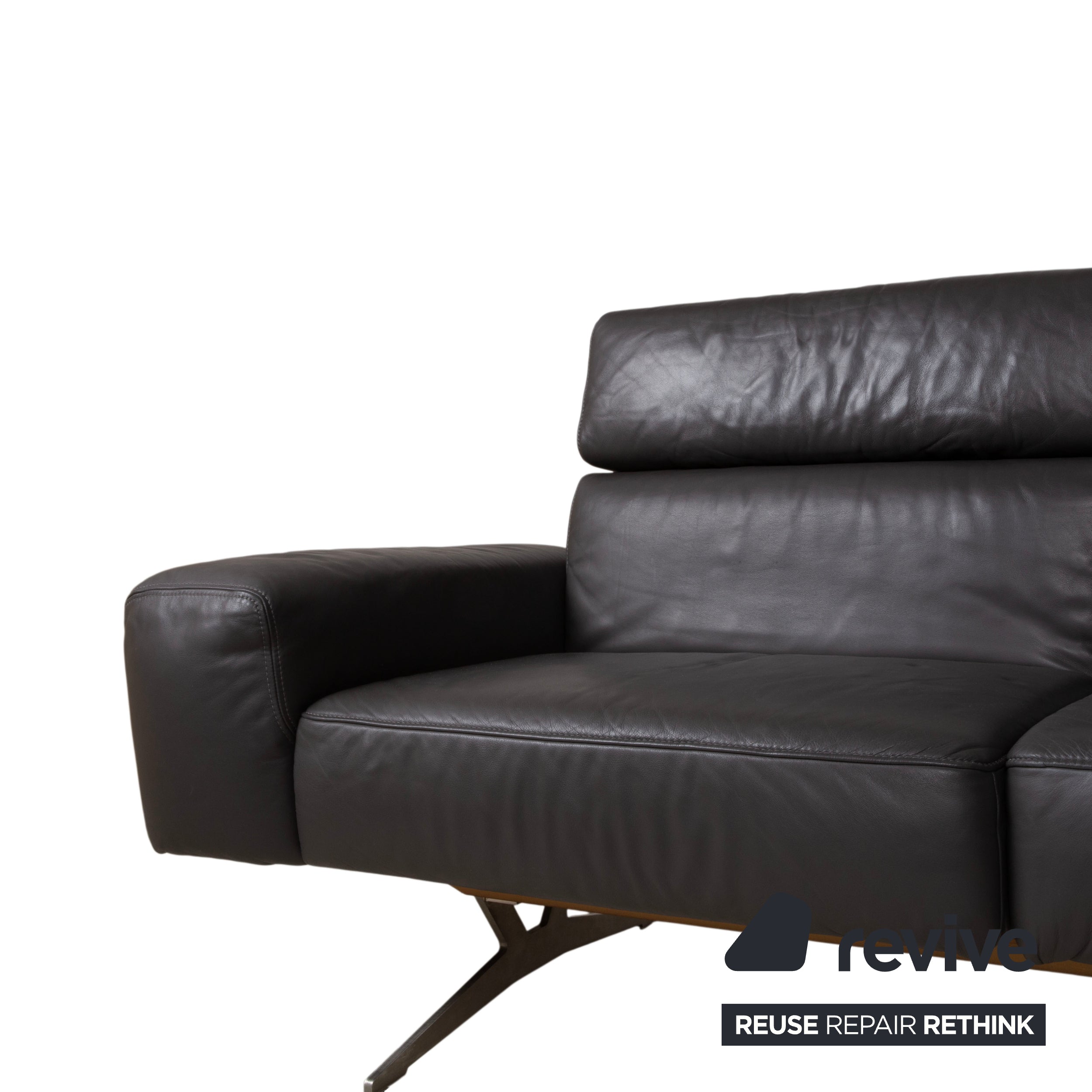 Koinor Monroe Leather Corner Sofa Grey Anthracite Wood Brown Chaise Longue Right Manual Function Couch