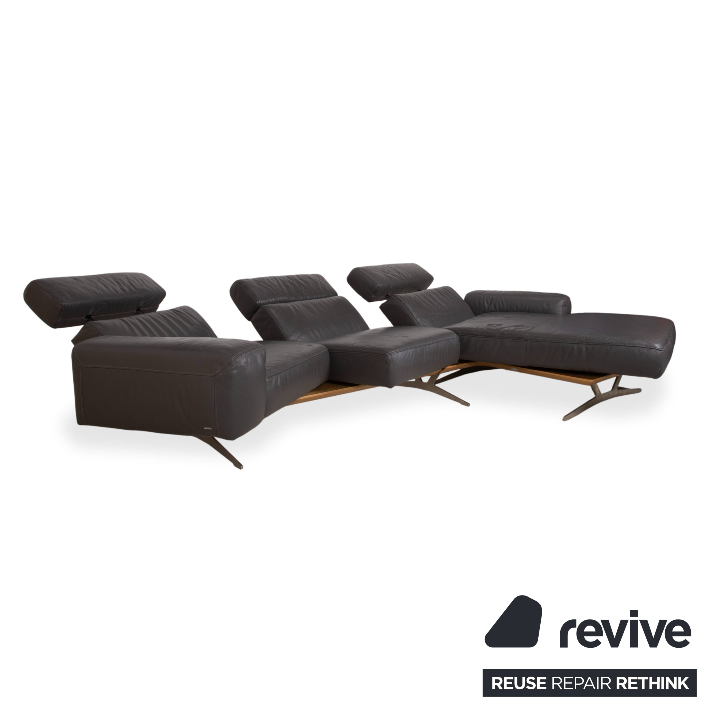 Koinor Monroe Leather Corner Sofa Grey Anthracite Wood Brown Chaise Longue Right Manual Function Couch